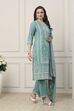 Turquoise Blue Cotton Floral Printed Straight Suit Set image number 5