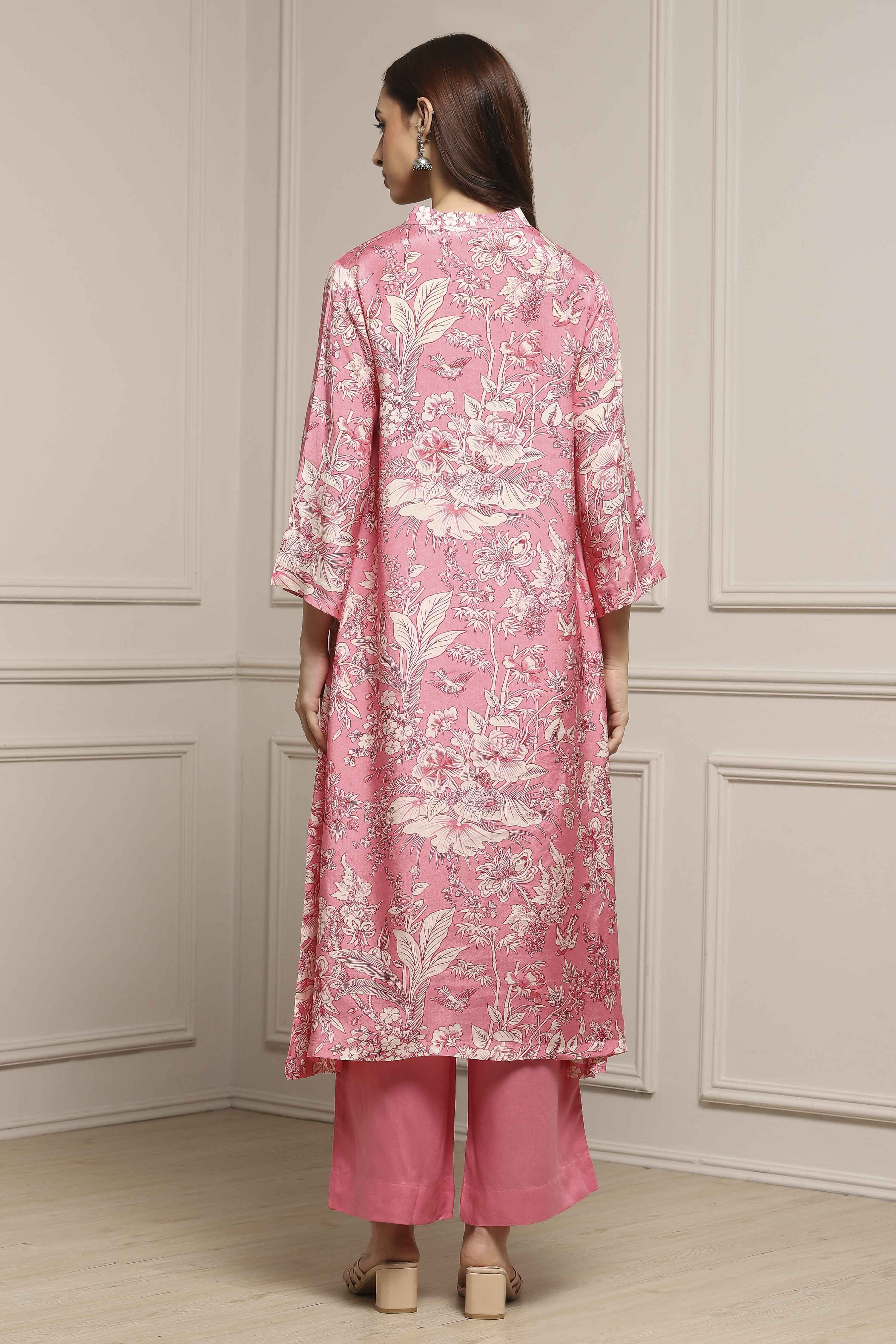 Pink Floral Printed Asymmetric Suit Set image number 4