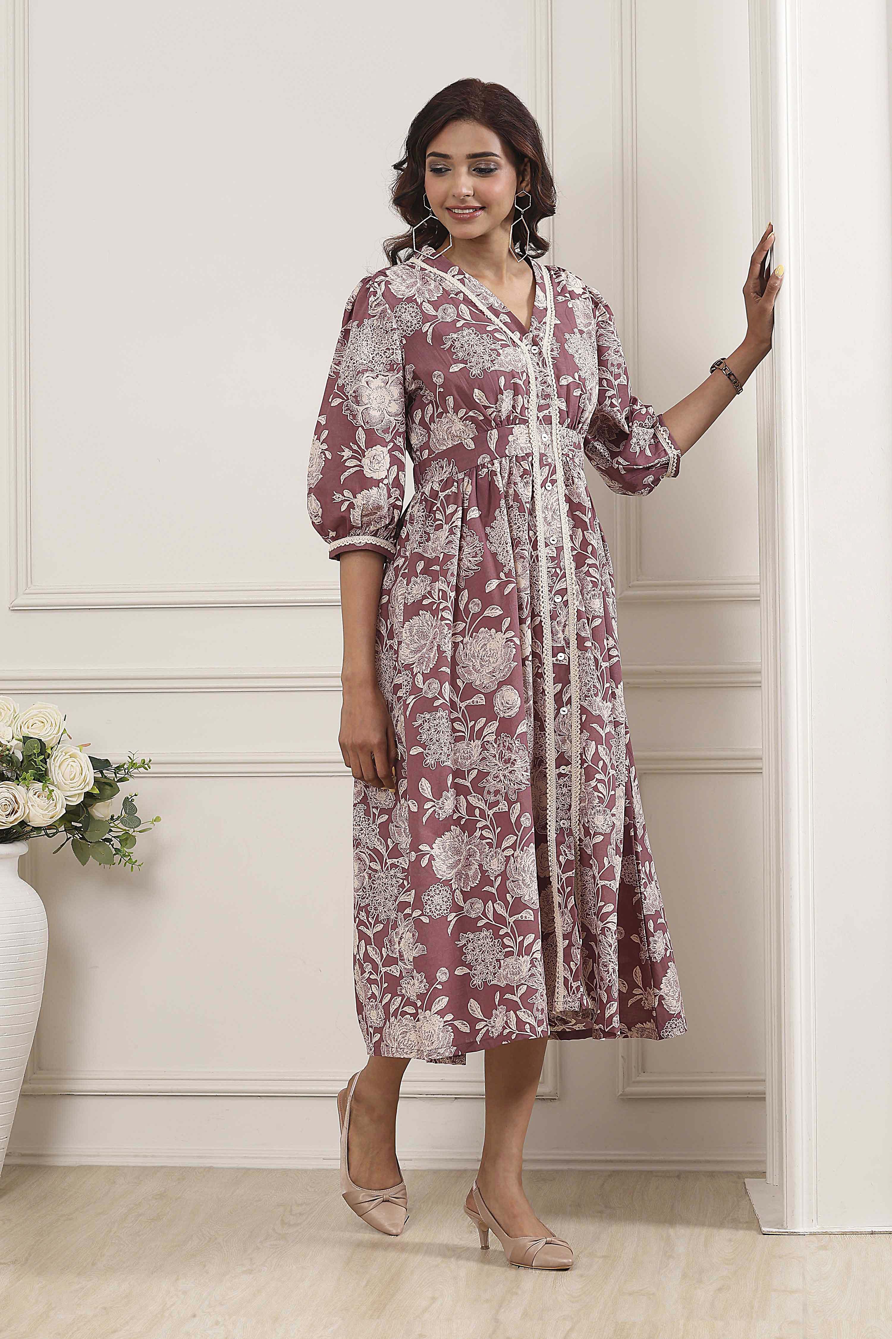 Nude-Colored Cotton Printed Flared A-Line Dress image number 4