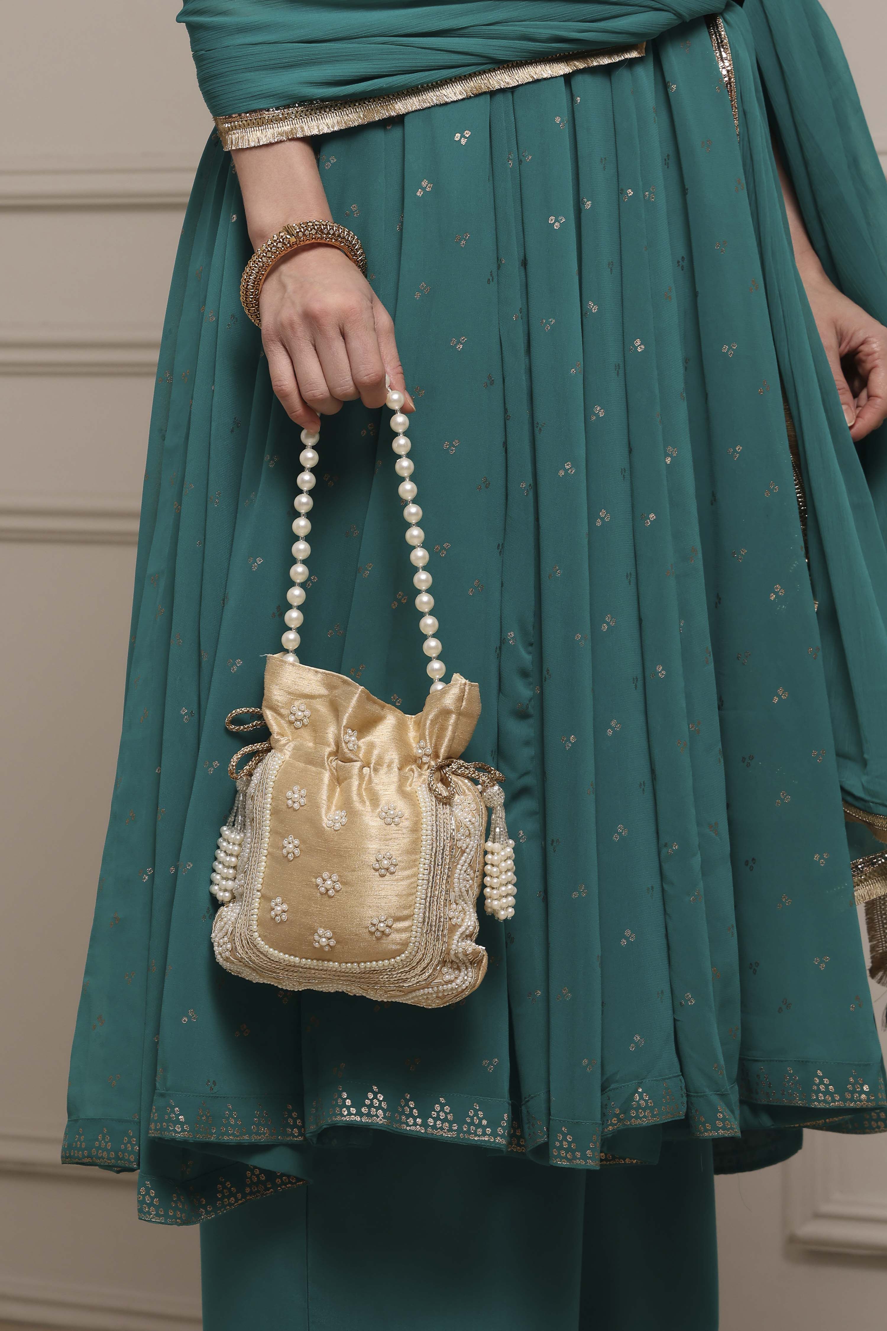 Beige Fabric Floral Embellished Potli image number 7