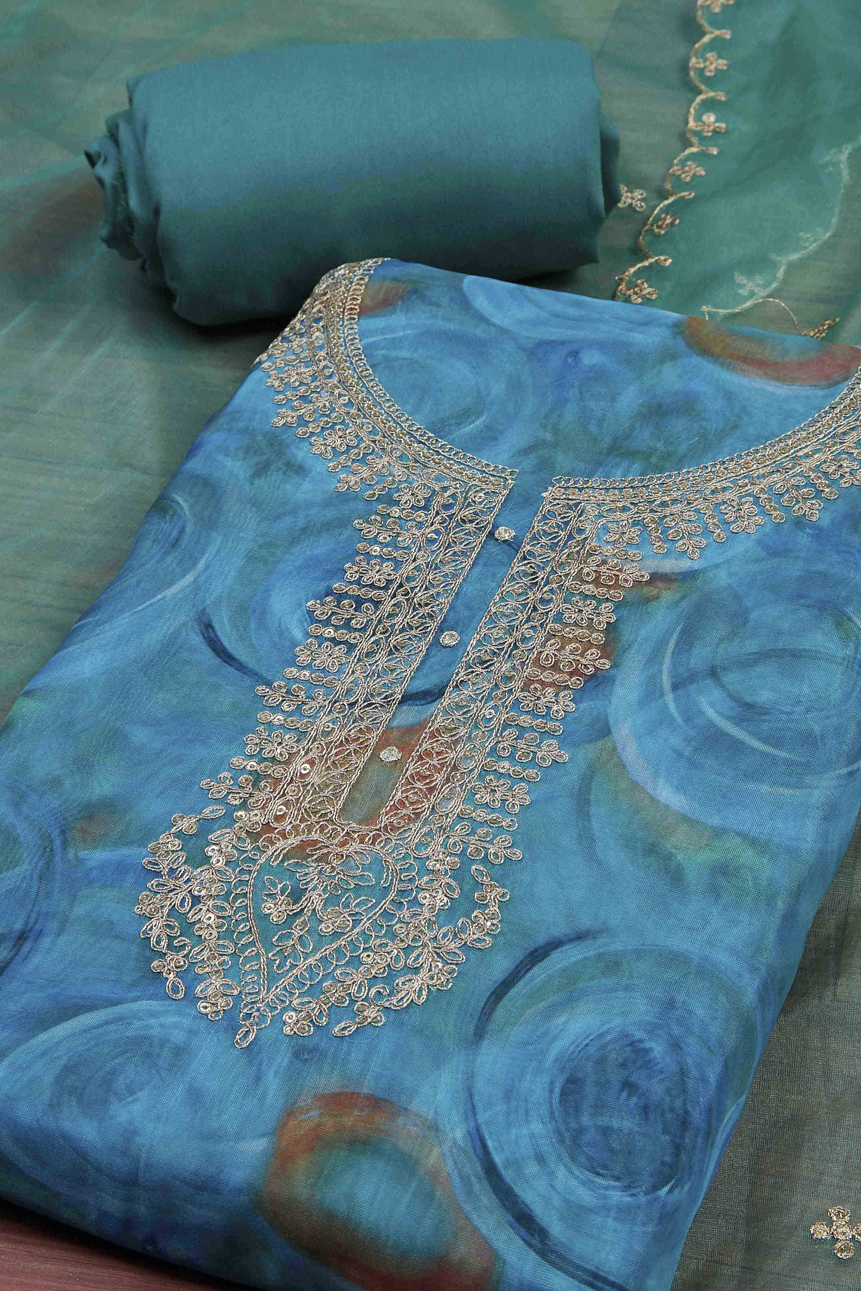 Blue Organza Rajasthani Print Unstitched Suit Set image number 1