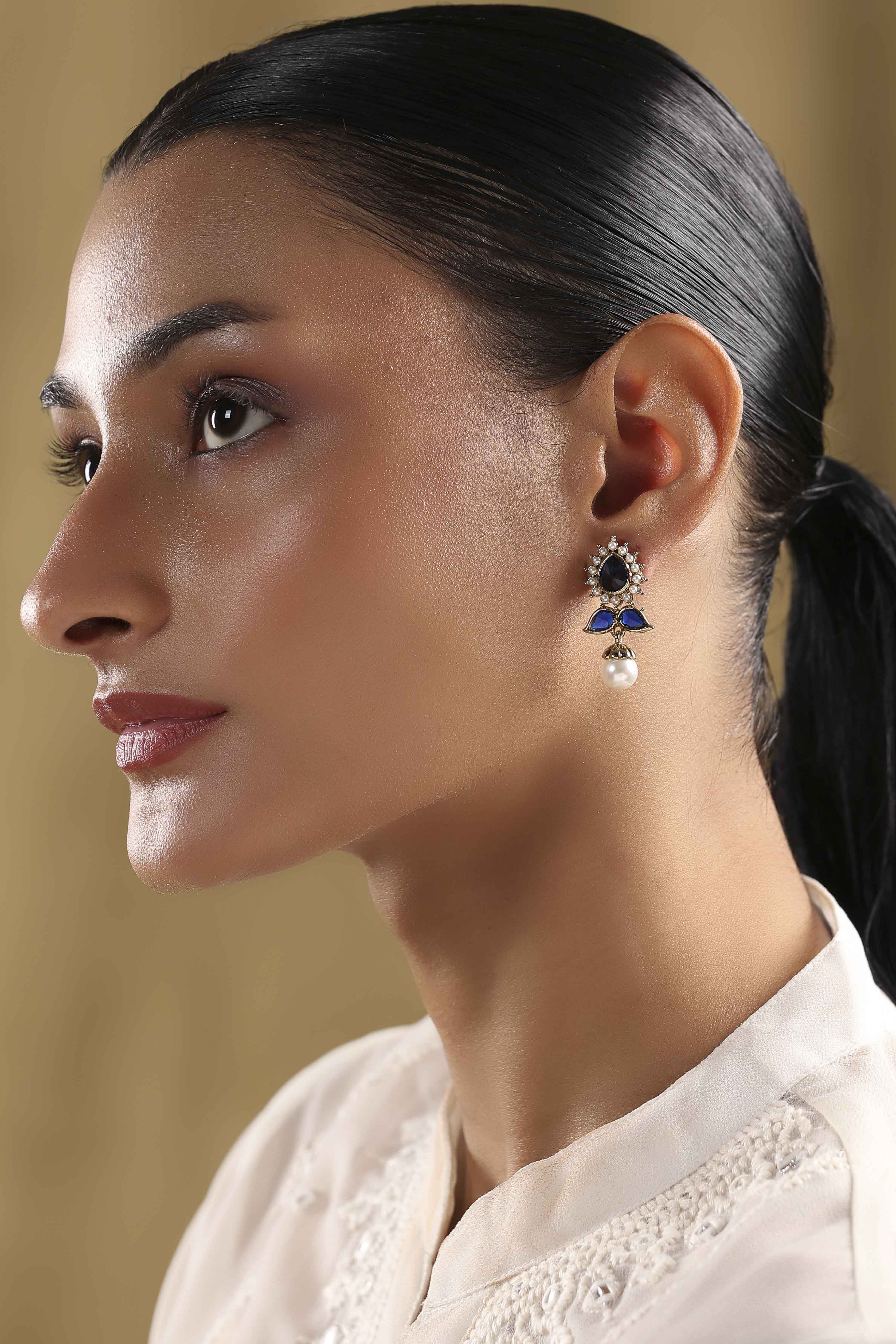 Navy Blue Gold Plated Alloy Studded Drop Earrings image number 3