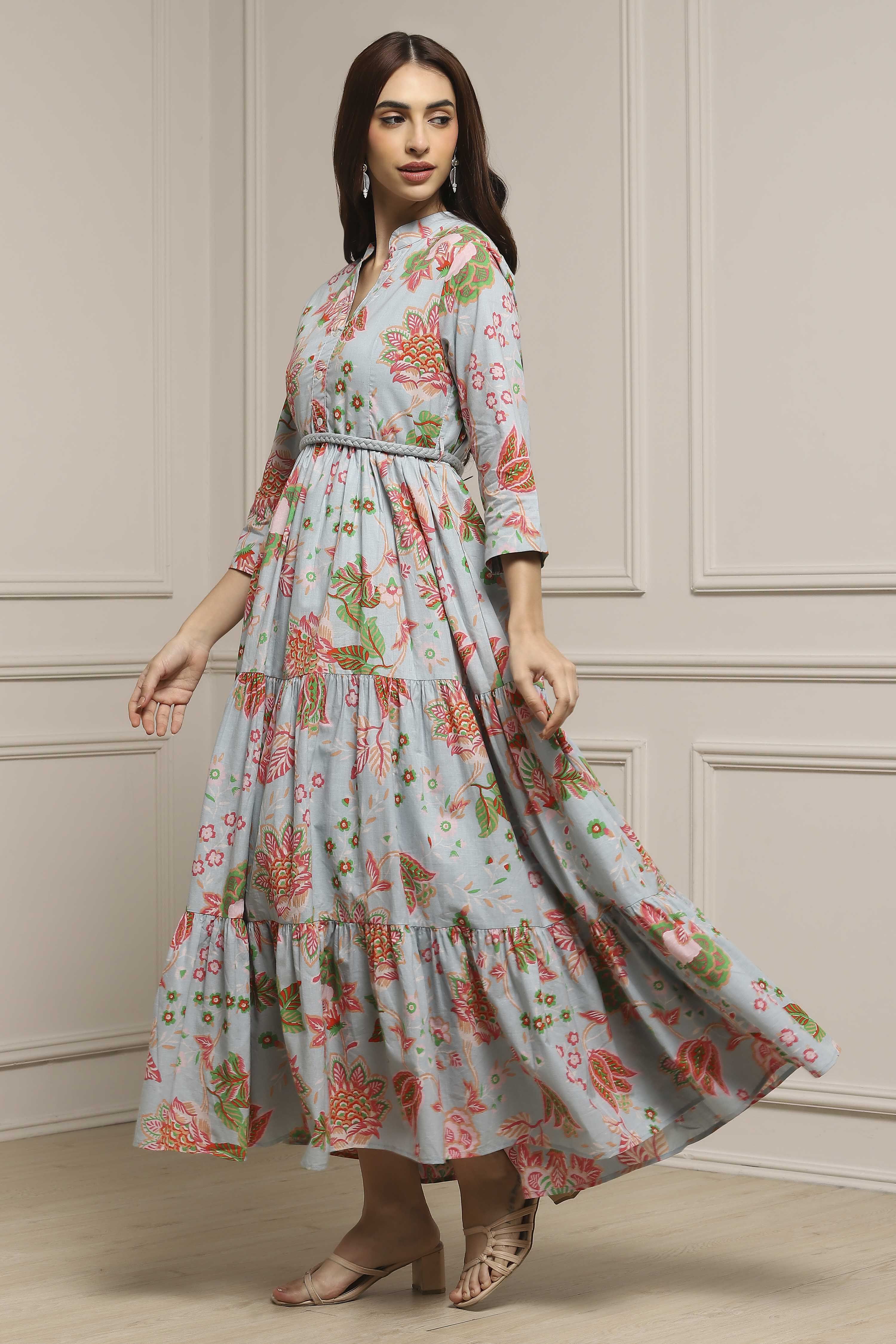Light Blue Cotton Floral Tiered Dress image number 2