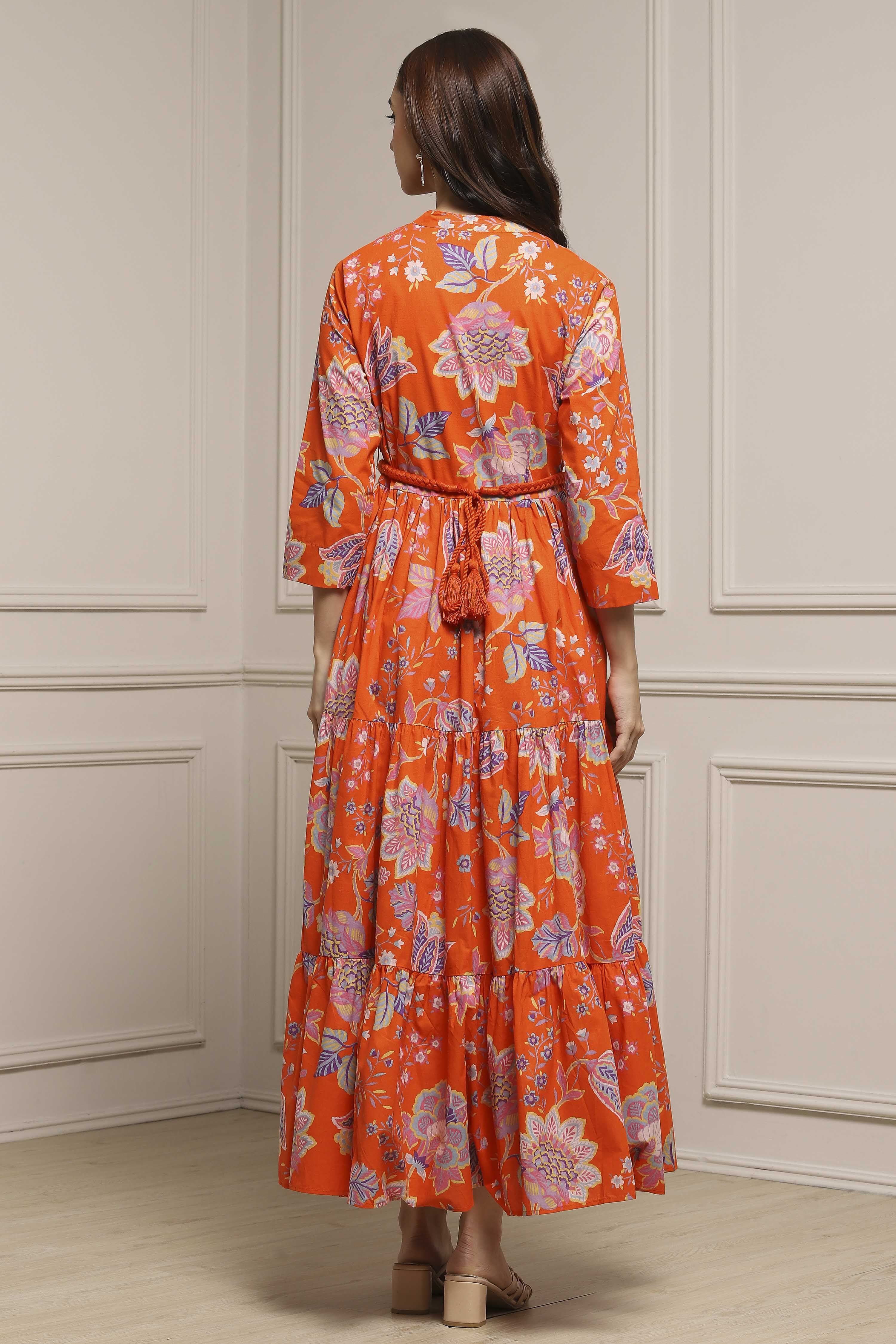 Earthy Blue Cotton Floral Tiered Dress image number 3