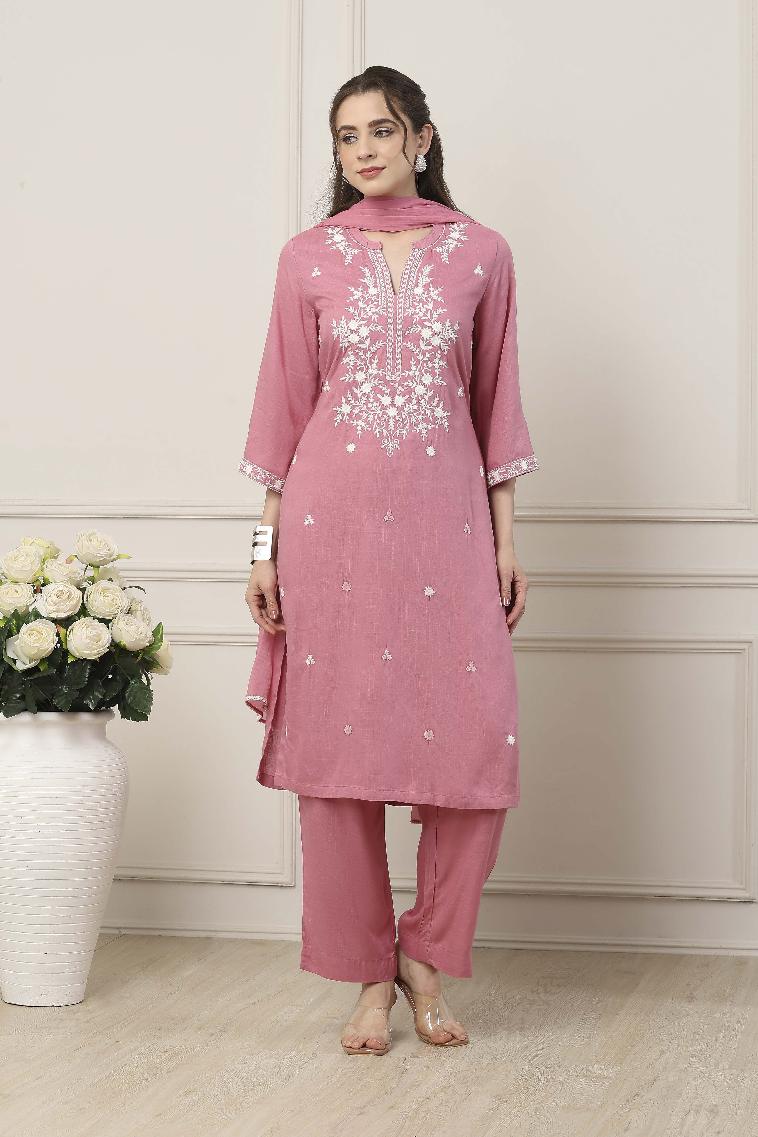 Pink Viscose Floral Embroidered Straight Suit Set image number 0