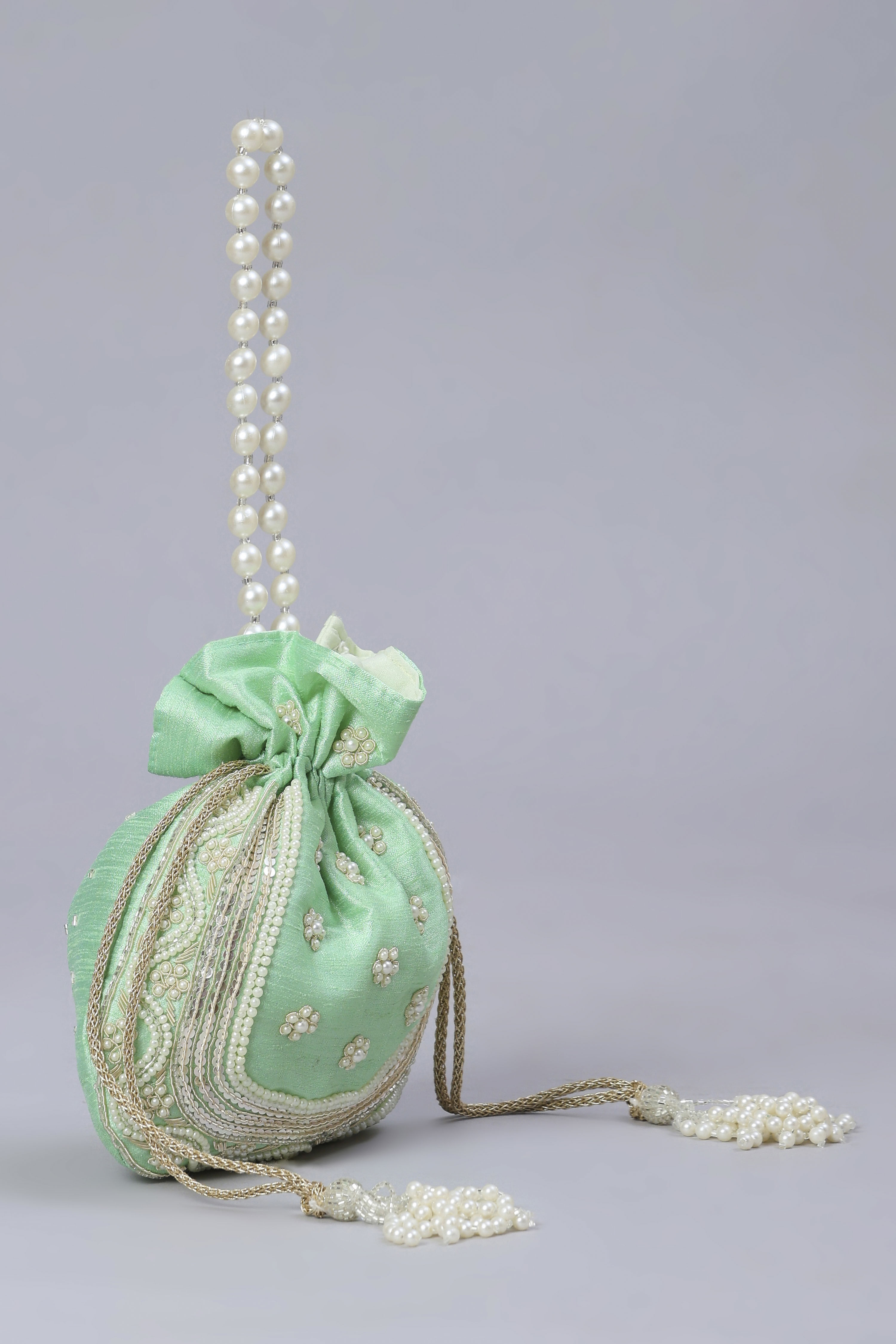 Green Fabric Floral Embellished Potli image number 3