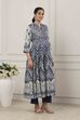 Blue Cotton Paisley & Chevron Printed Anarkali Suit Set image number 5