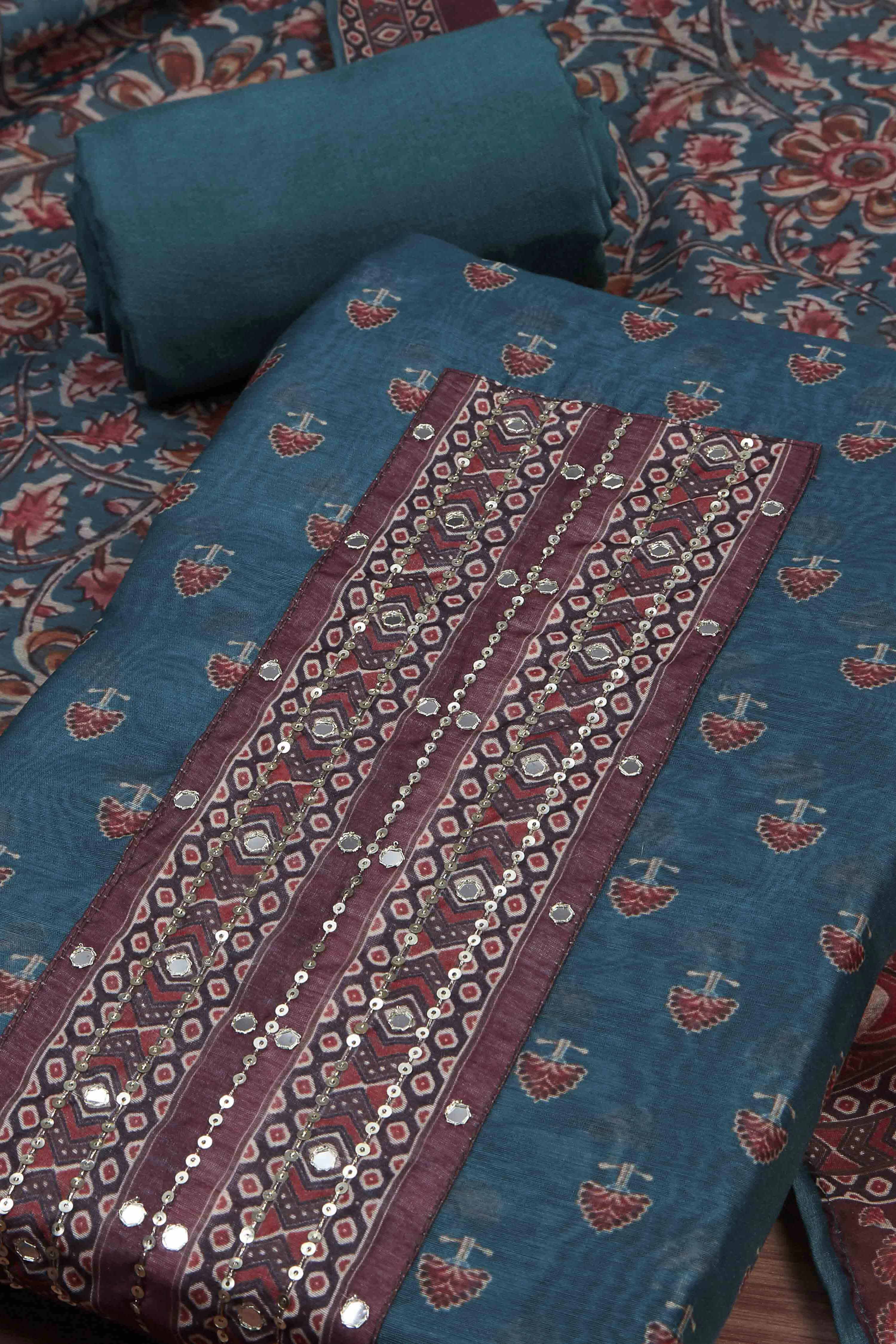 Teal Blue Chanderi Rajasthani Print Unstitched Suit Set image number 1