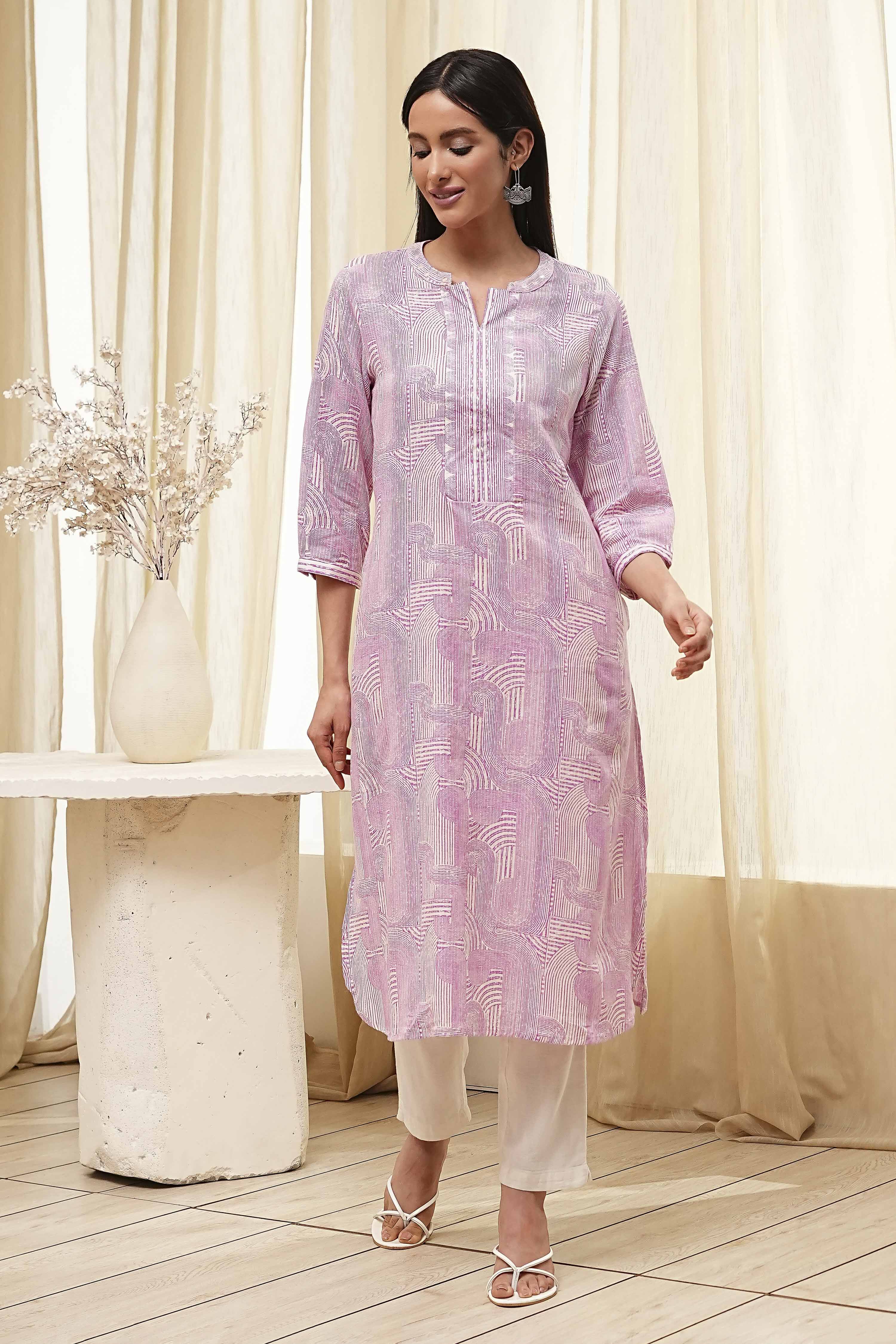 Pink Cotton Printed Straight Kurta image number 5