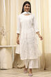 Off White Cotton Straight Embroidered Fusion Set image number 6