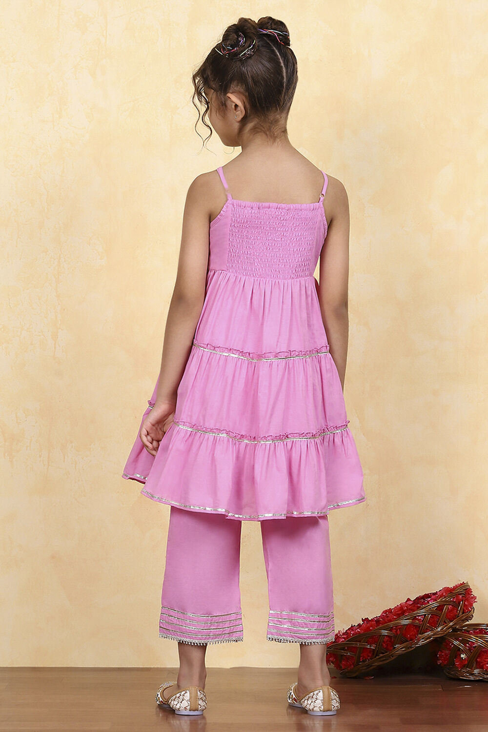 Pink Cotton Solid Tiered Kurta Set image number 4