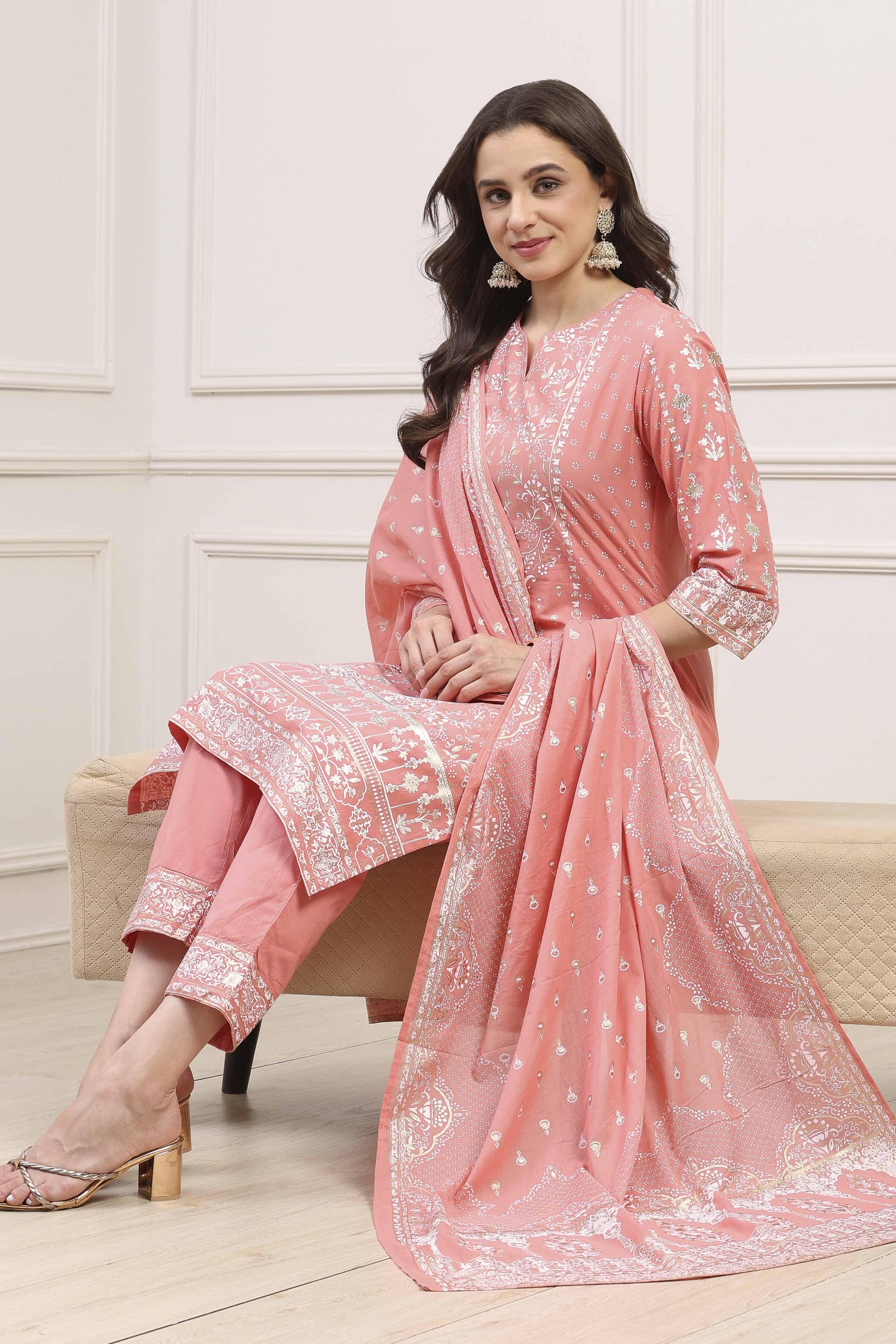 Light Coral Cotton Straight Kurta Pants Suit Set image number 0