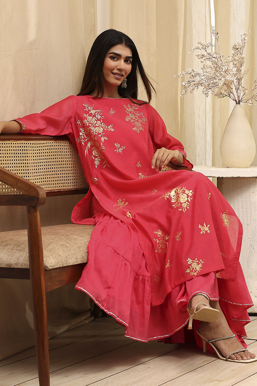 Fuchsia Poly Chanderi Layered Tiered Dress image number 0