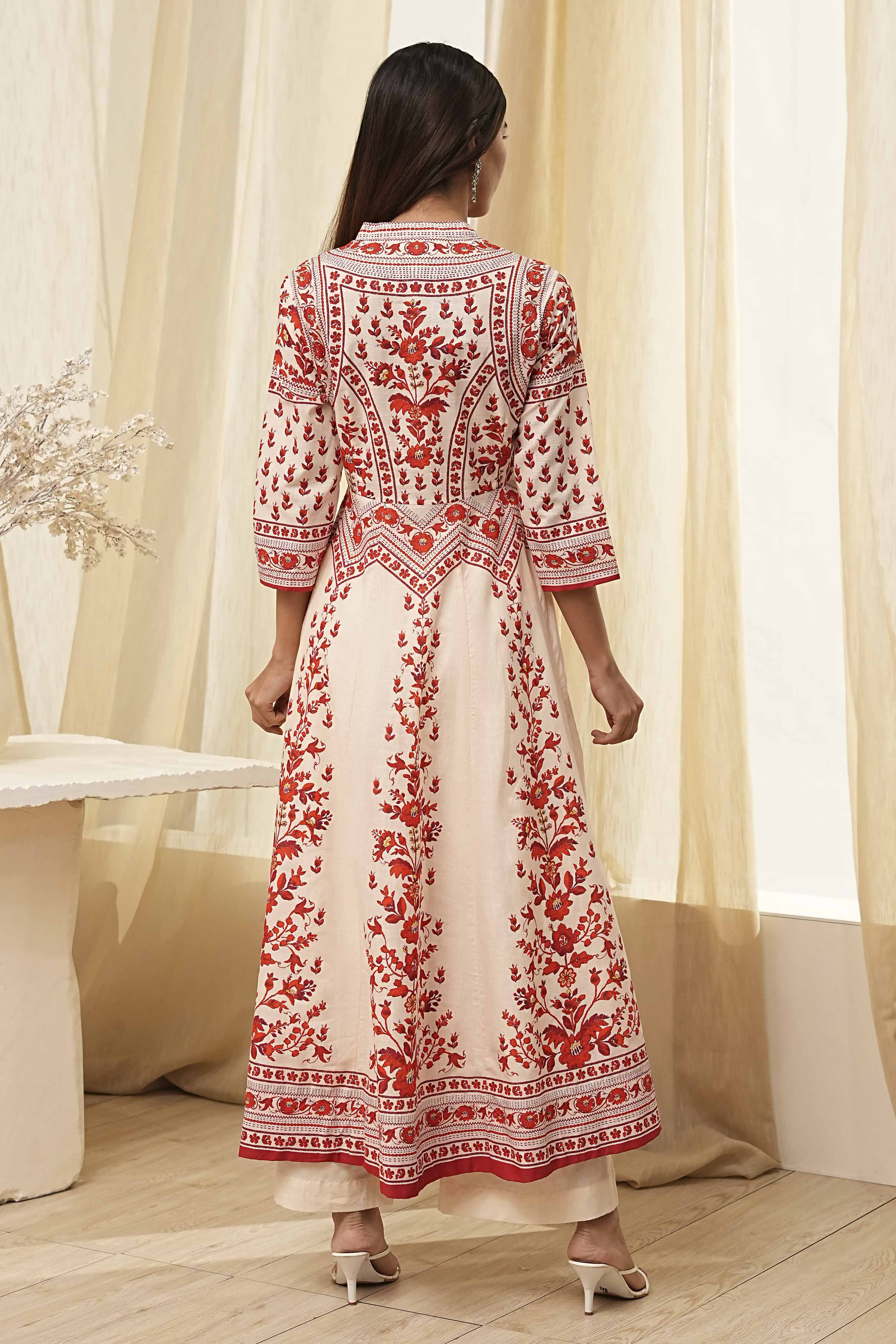 White and Rust Cotton Printed Anarkali Kurta Set image number 4