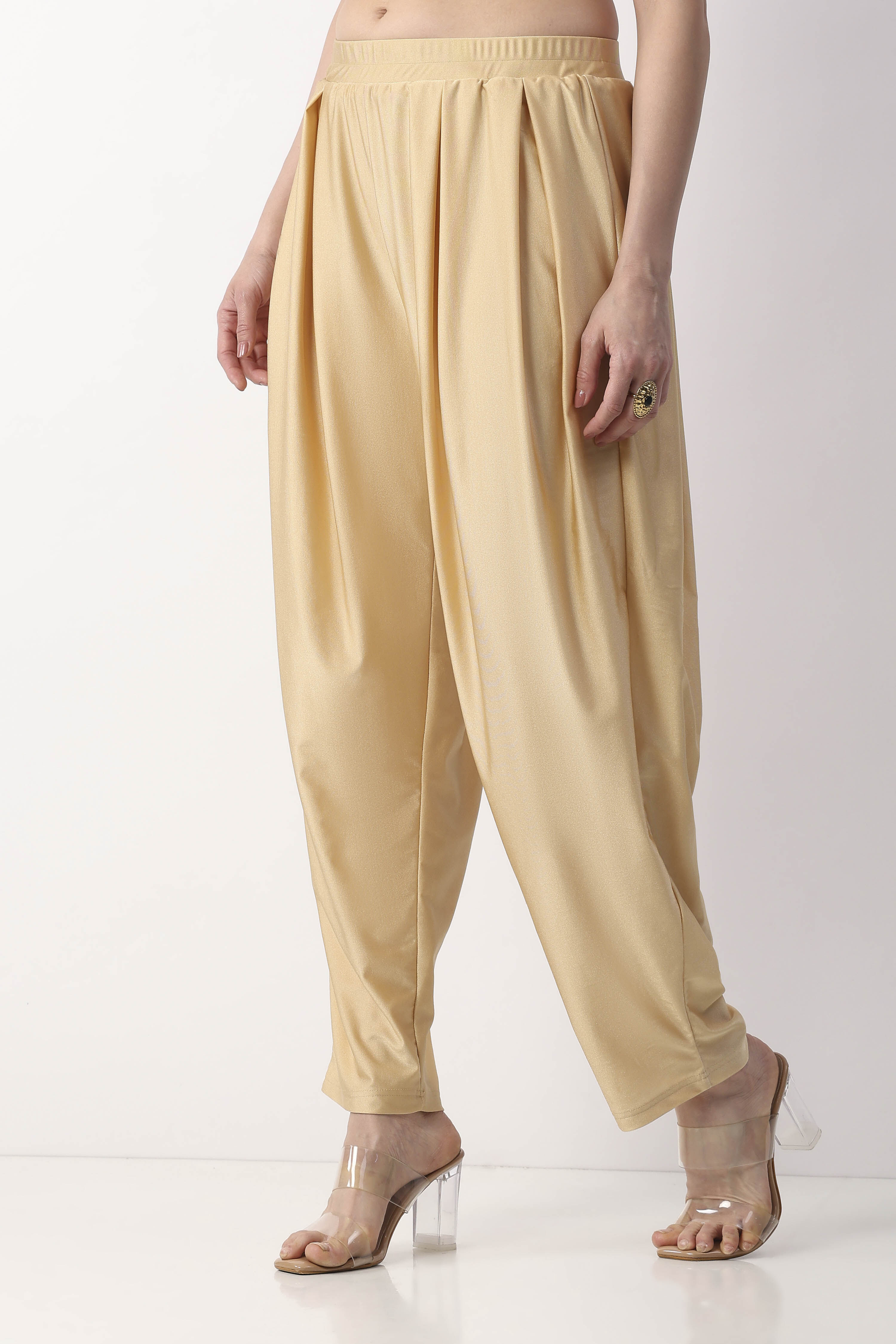 Gold-Toned Viscose Lycra Pleated Straight Palazzo image number 3