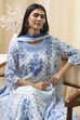 Off-White and Blue Cotton Floral Kalidar Suit Set
