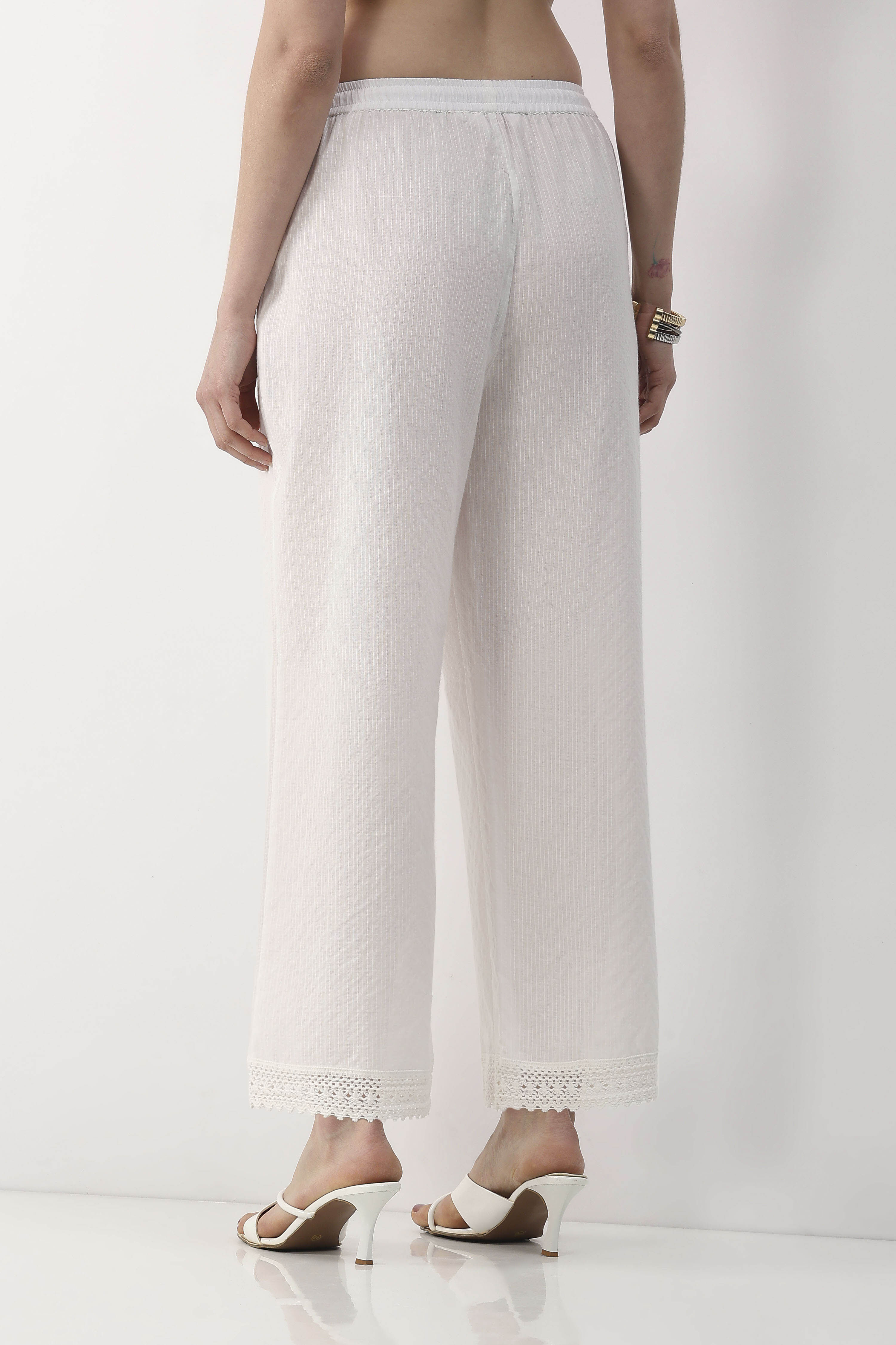 White Cotton Lace Trim Straight Palazzos image number 3