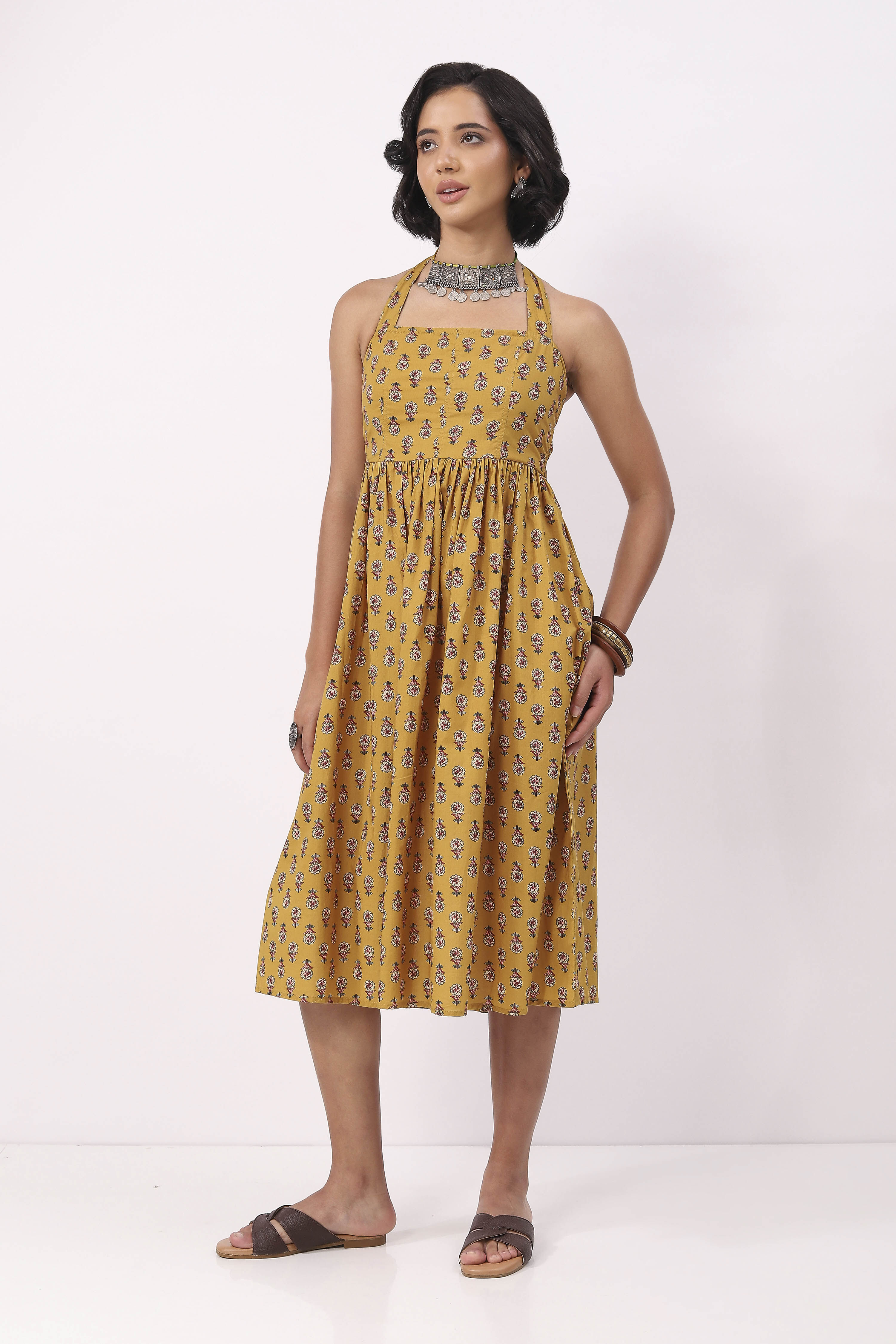 Yellow Cotton Floral Lace-Up Midi Dress image number 4