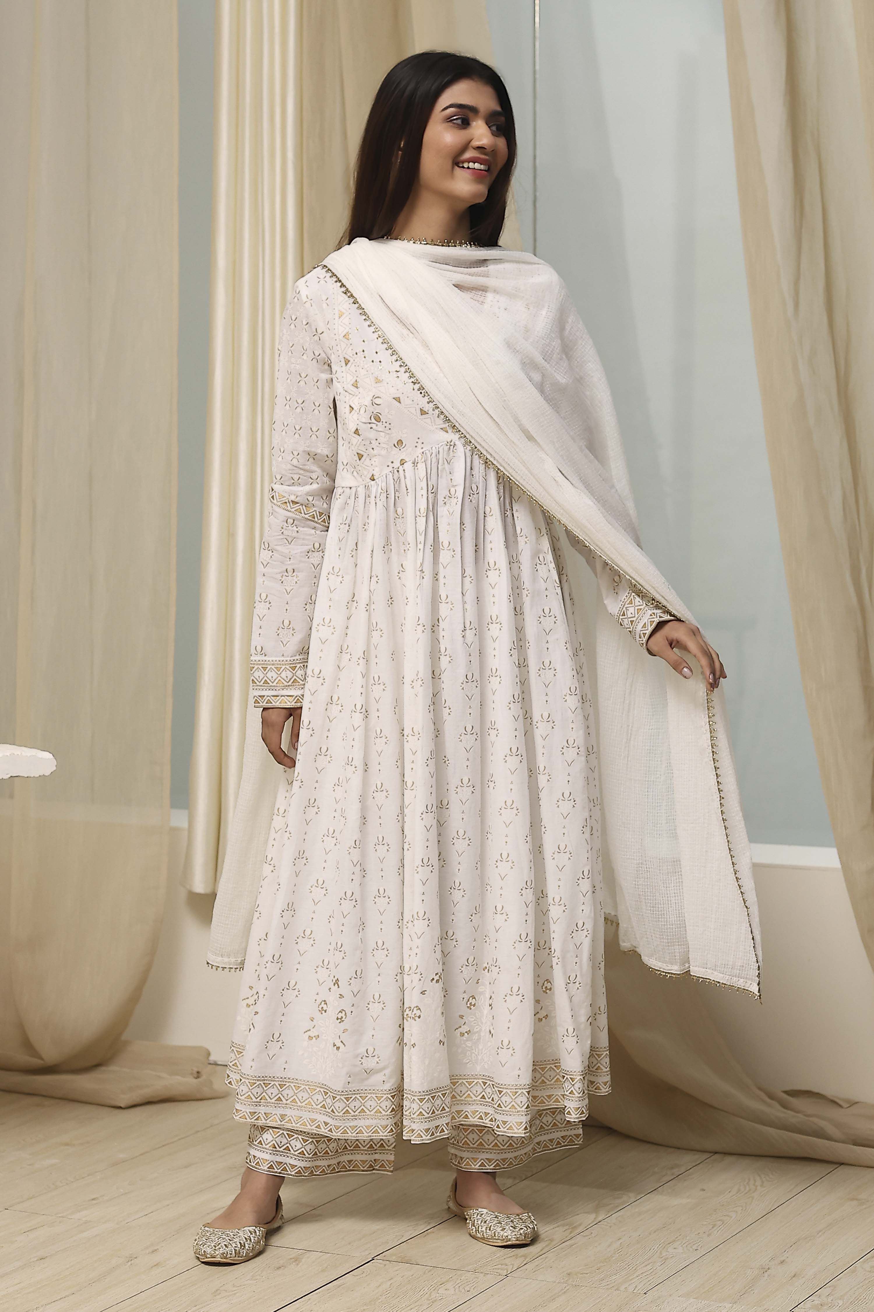 Off-White Cotton Printed Anarkali Suit Set image number 6