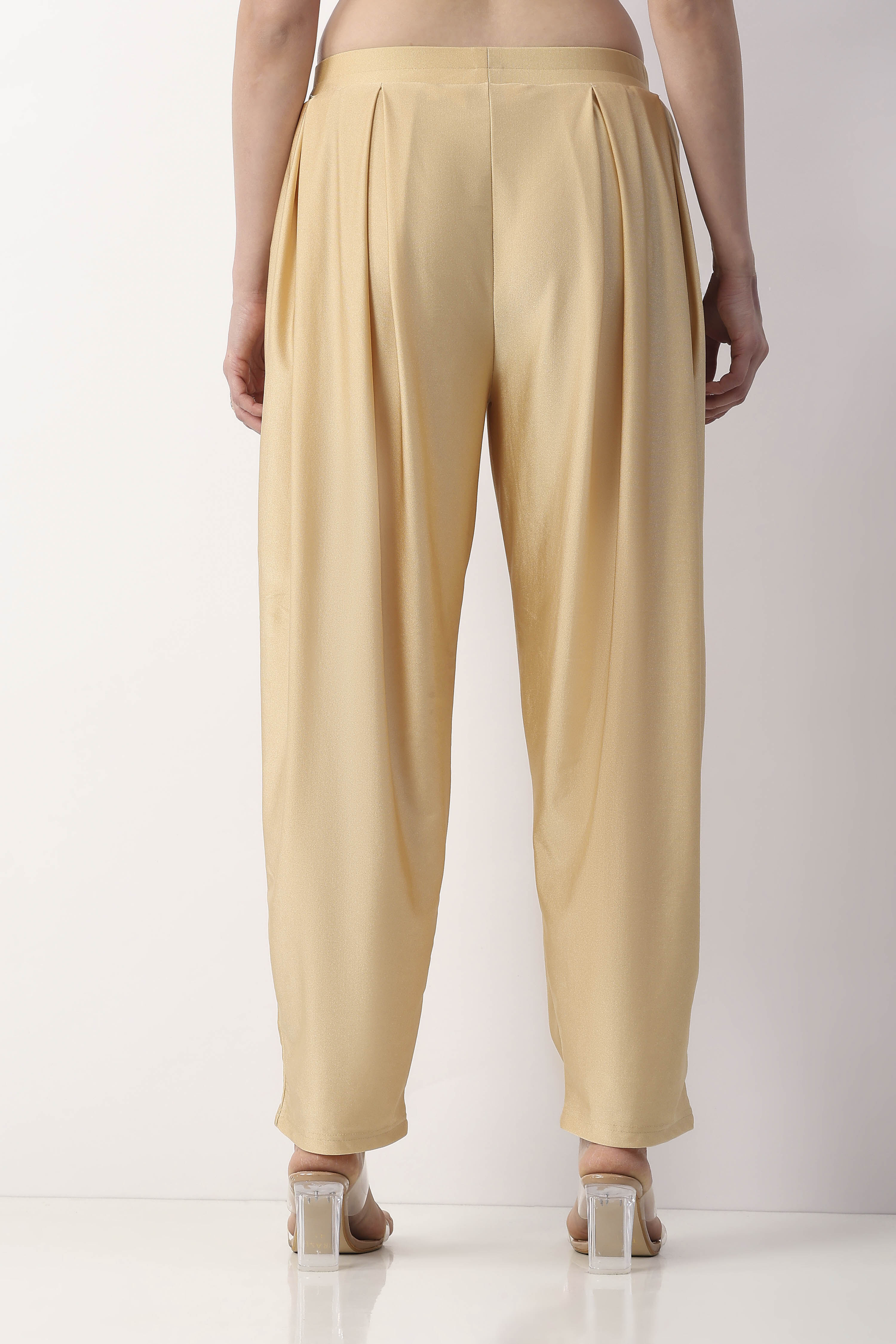 Gold-Toned Viscose Lycra Pleated Straight Palazzo image number 4