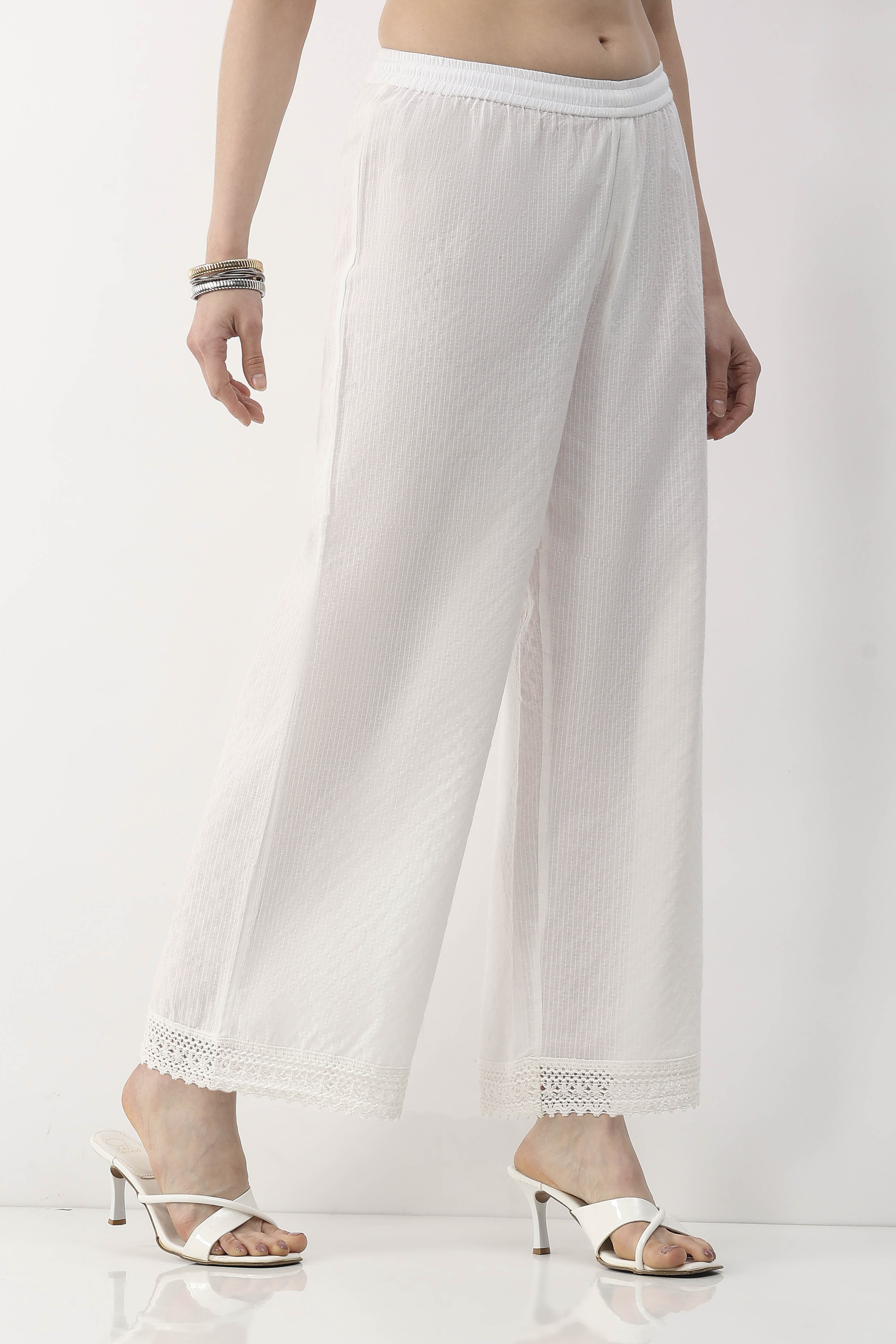 White Cotton Lace Trim Straight Palazzos image number 4