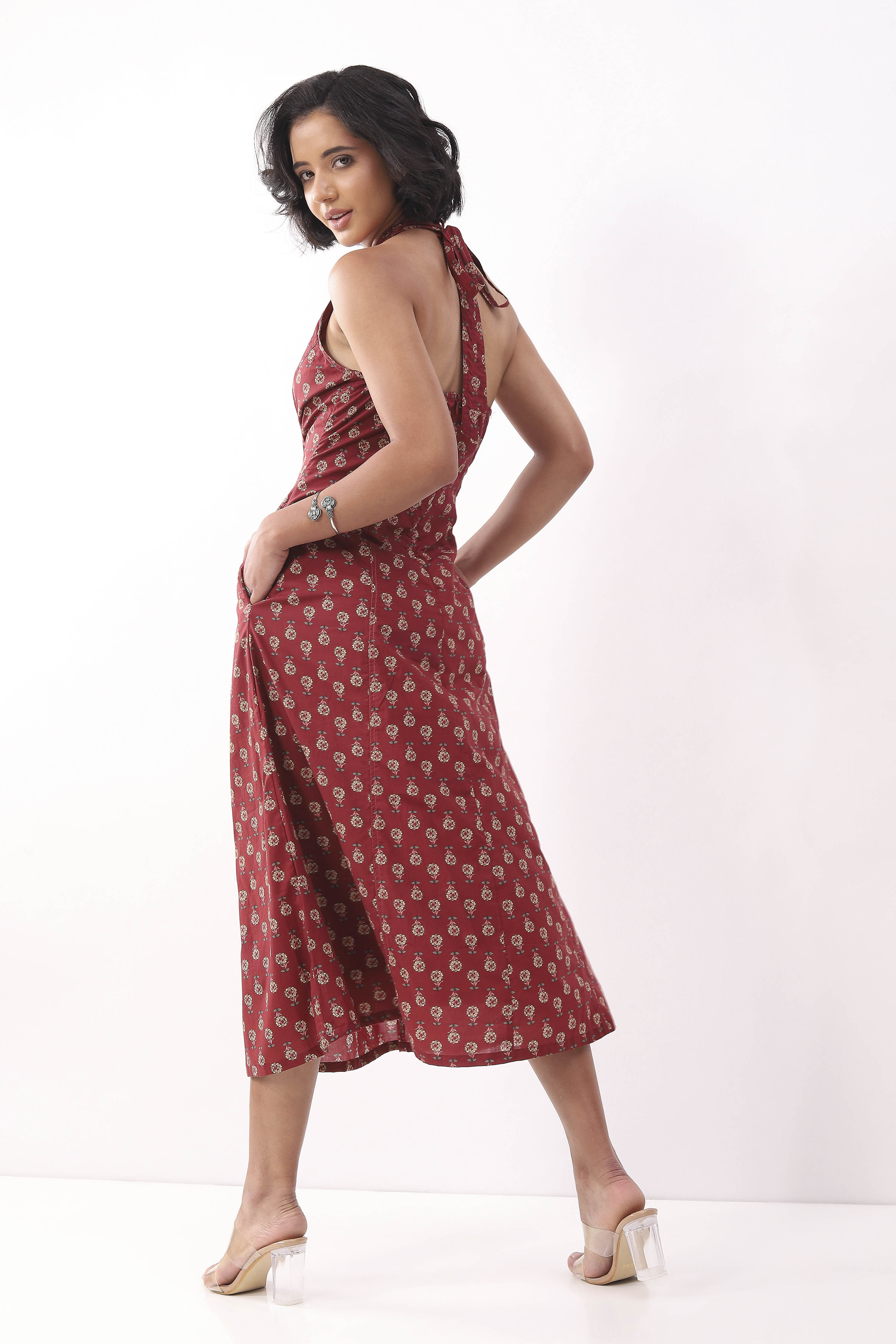 Red Cotton Floral Printed Lace-Up Midi Dress image number 3