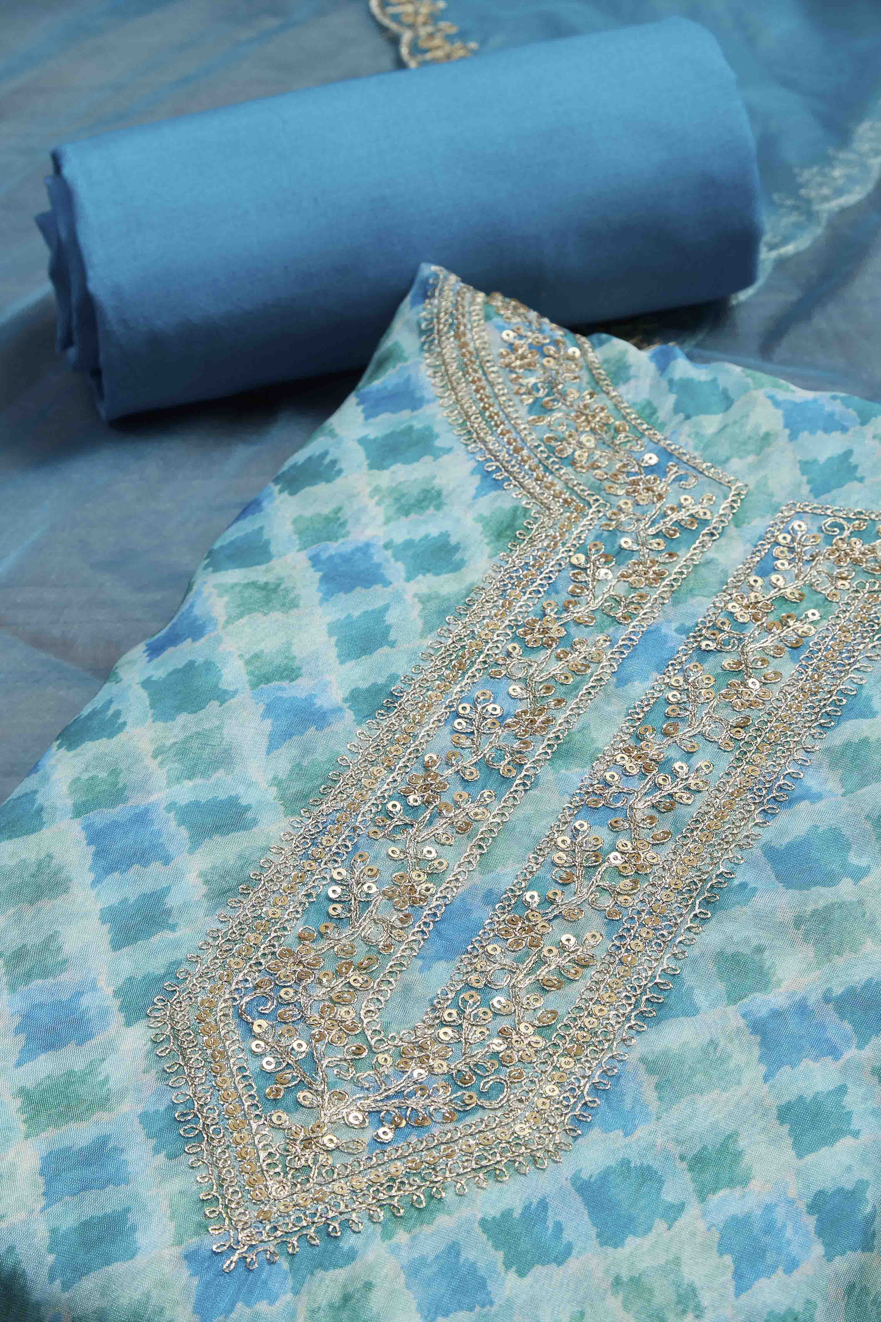 Blue Organza Rajasthani Print Unstitched Suit Set image number 1