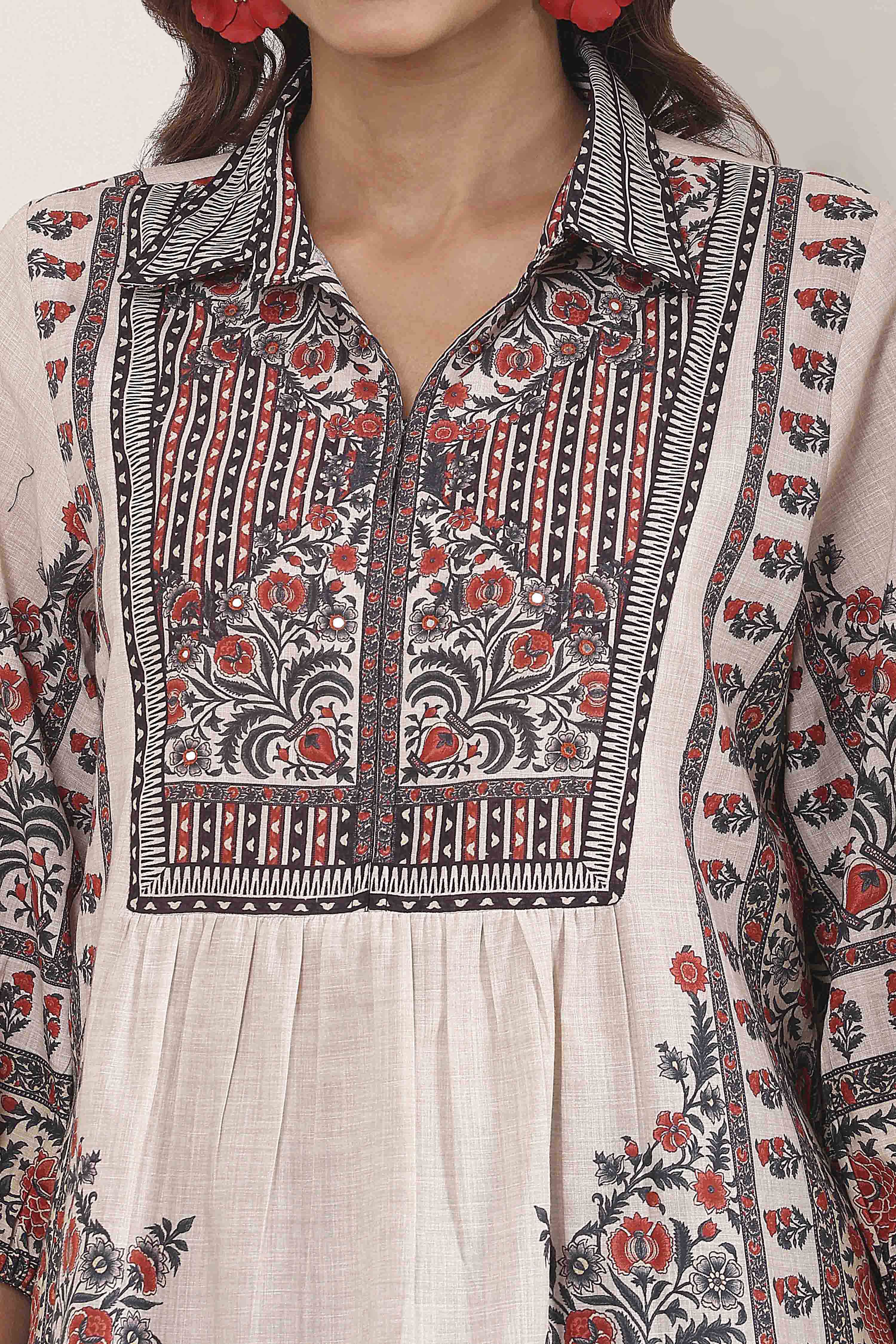 Brown Cotton Printed Straight Short Kurta image number 1