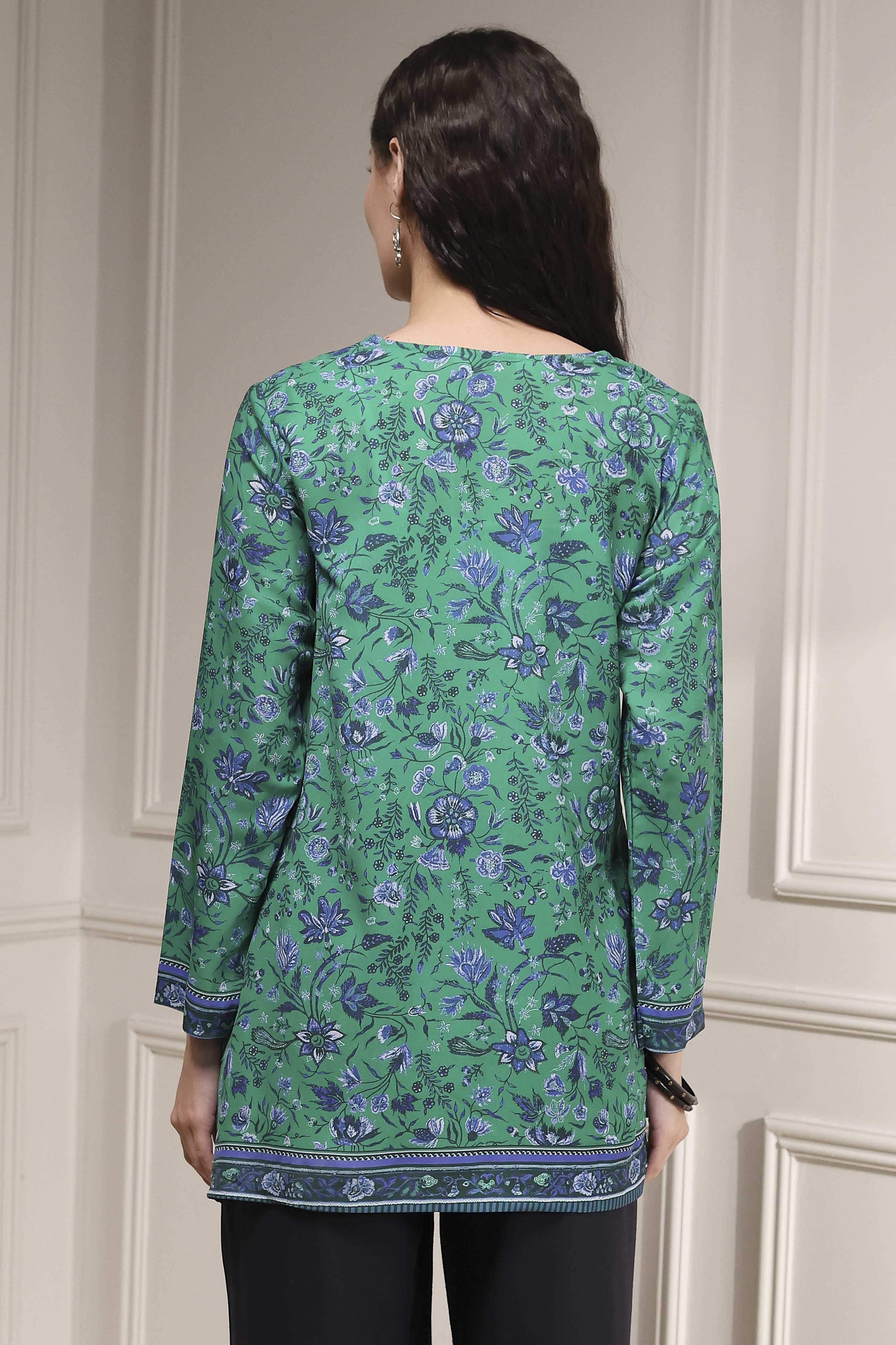 Turquoise Printed Straight Short Kurta image number 3