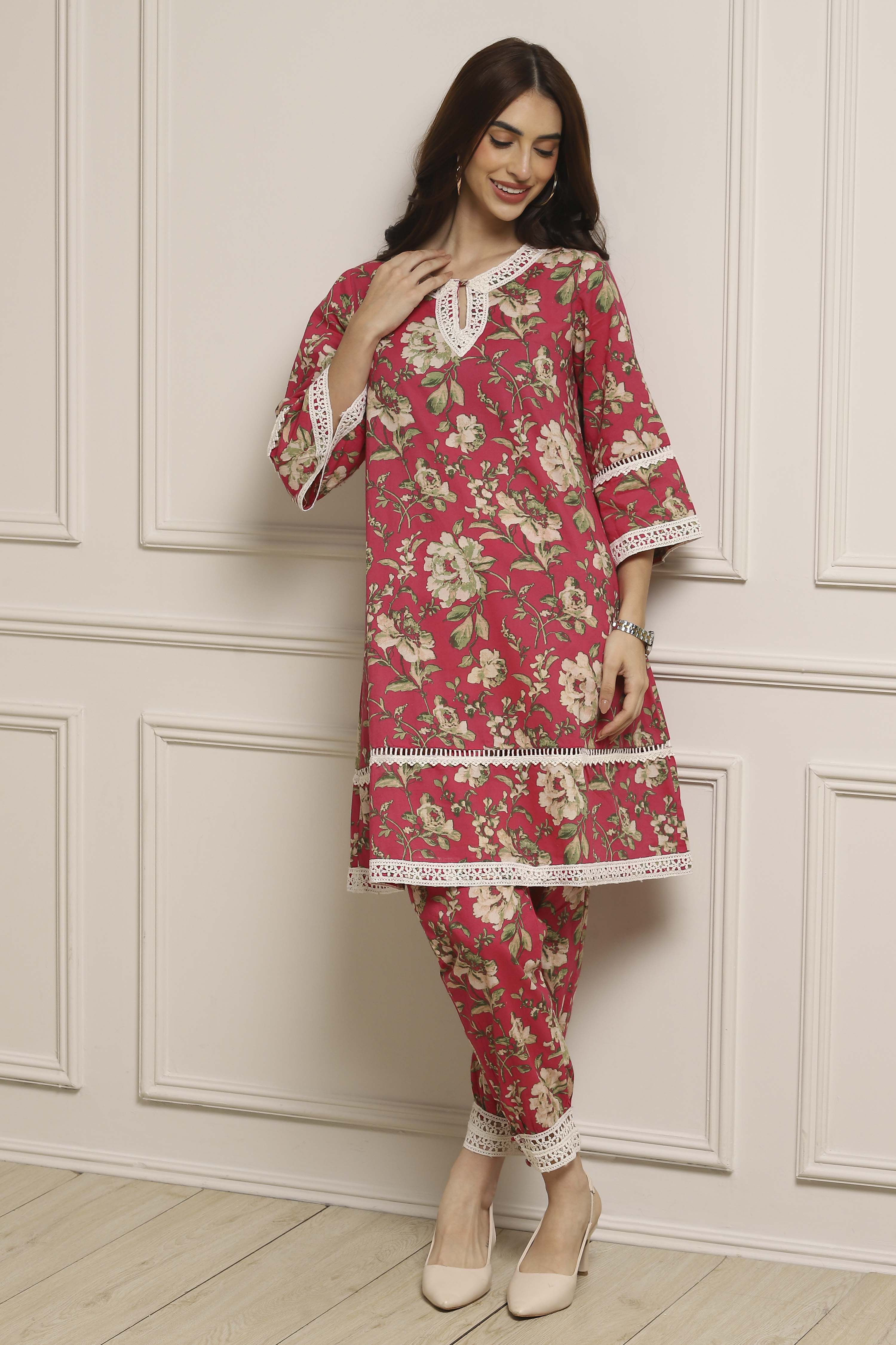 Pink Cotton Floral Straight Co-ord Set image number 0