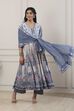 Blue Cotton Floral Printed Anarkali Suit Set image number 6