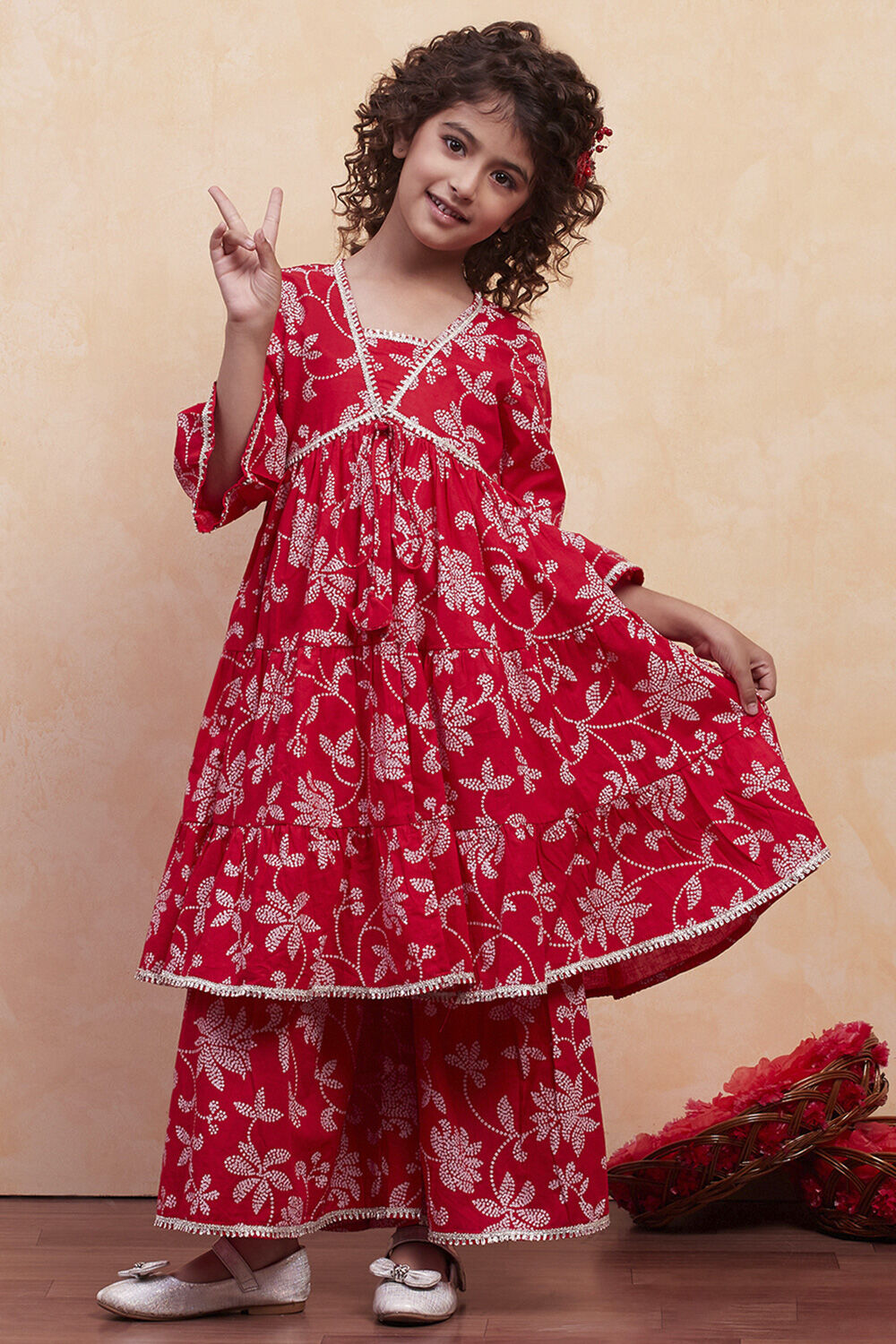 Orange Cotton Printed Tiered Kurta Set image number 6