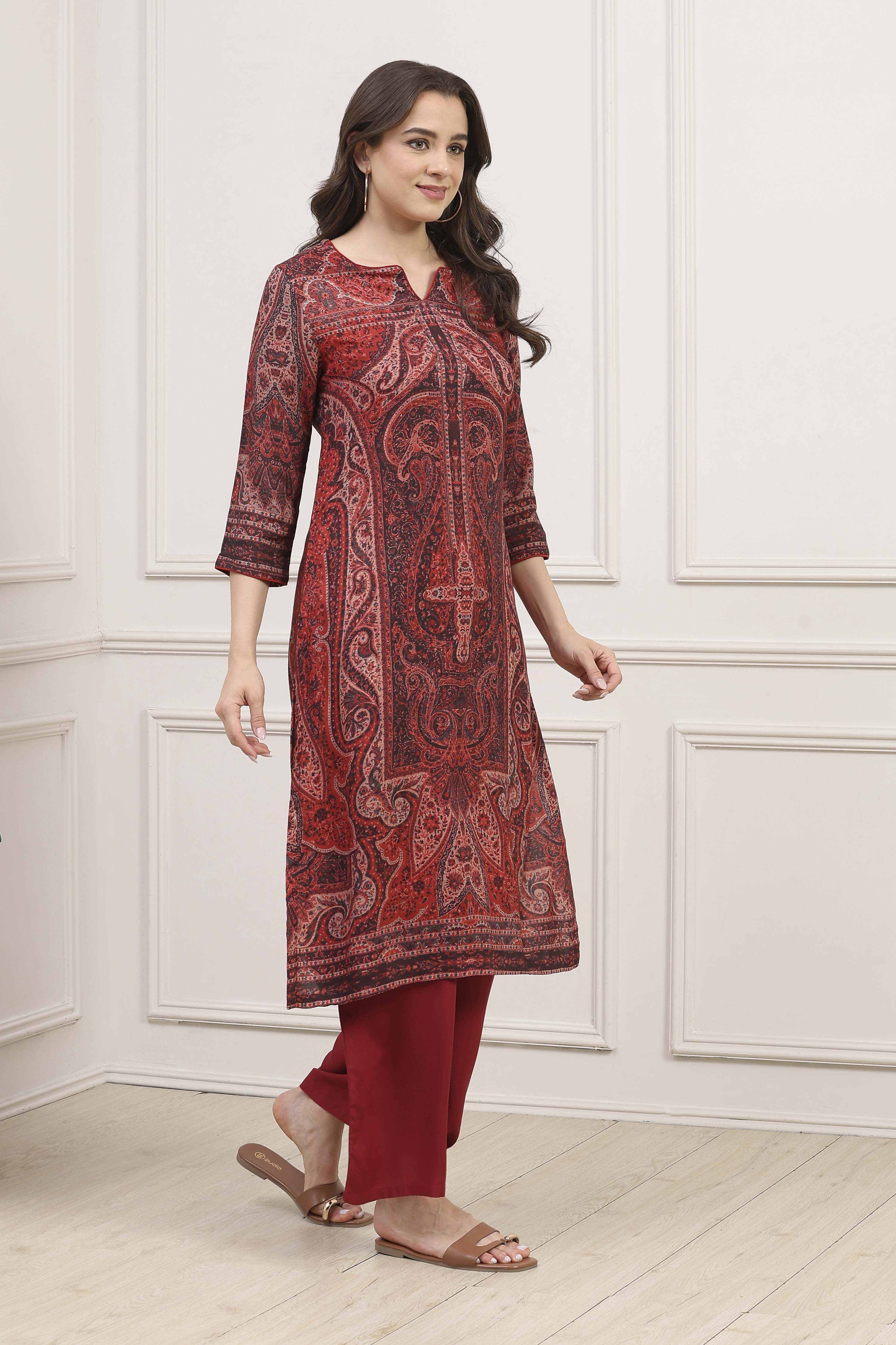 Dull Red LIVA Straight Printed Kurta image number 4