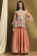 Peach Net Embroidered Peplum Kurta Lehenga Set image number 6