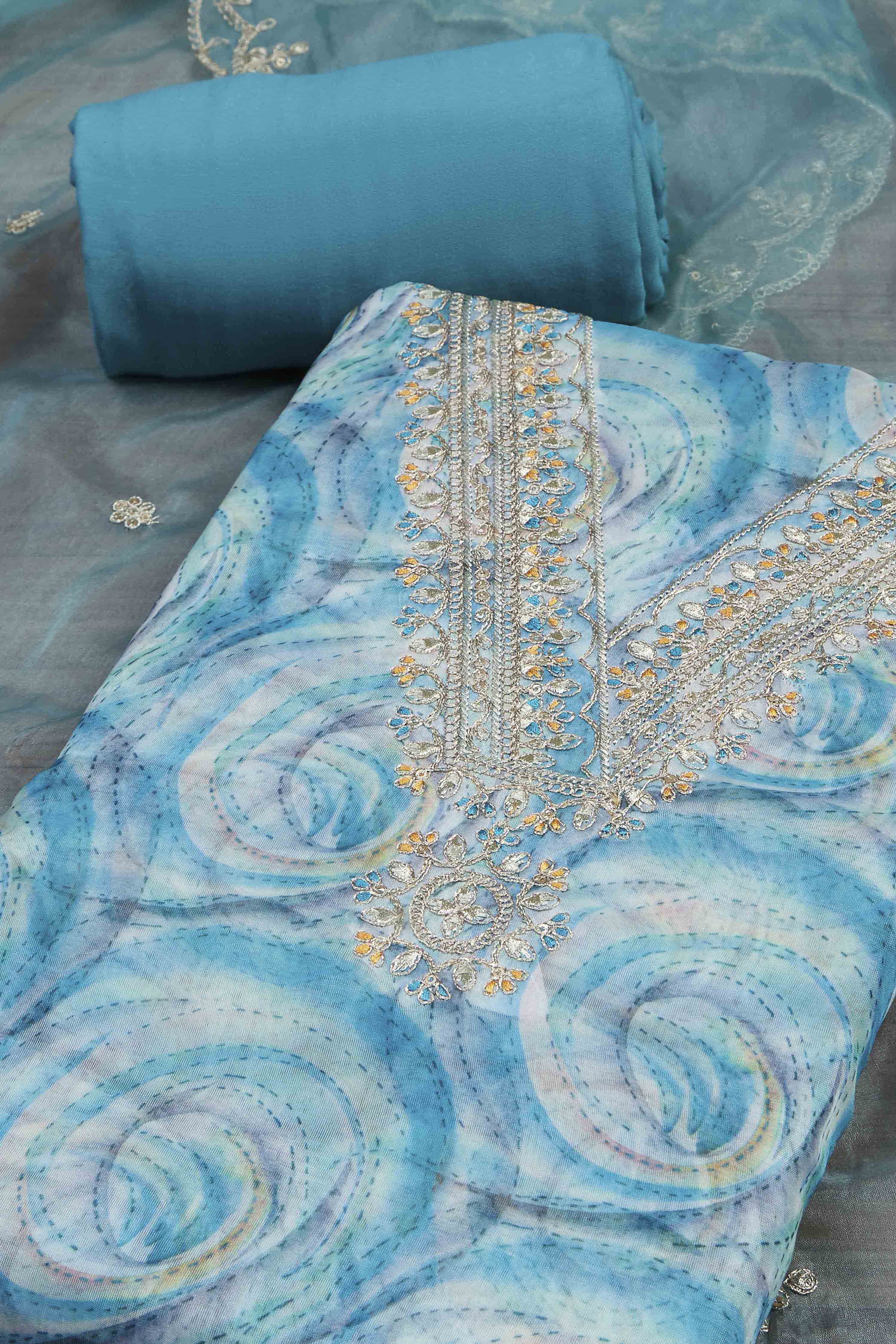 Pink Organza Rajasthani Print Unstitched Suit Set image number 1