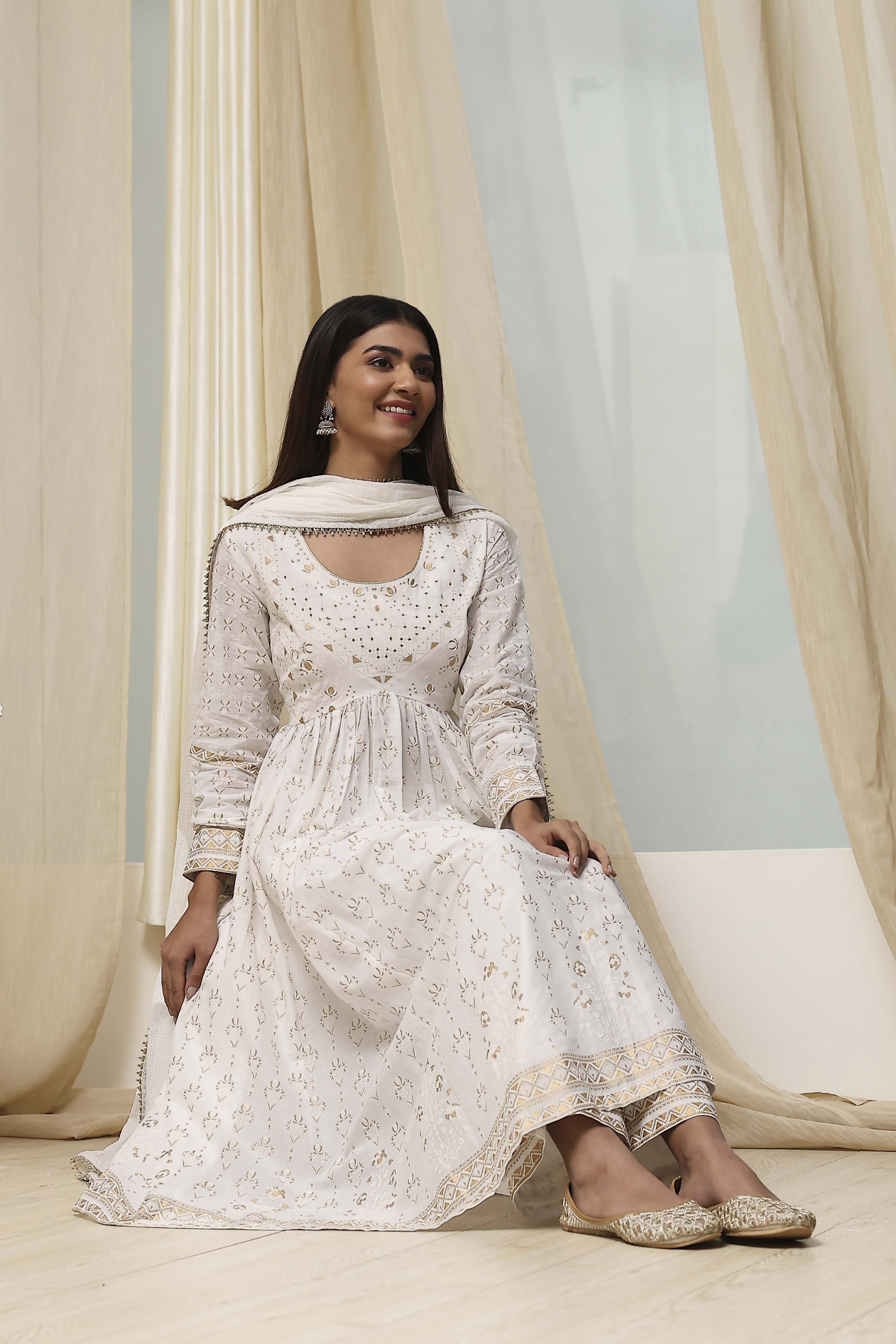Off-White Cotton Printed Anarkali Suit Set image number 0