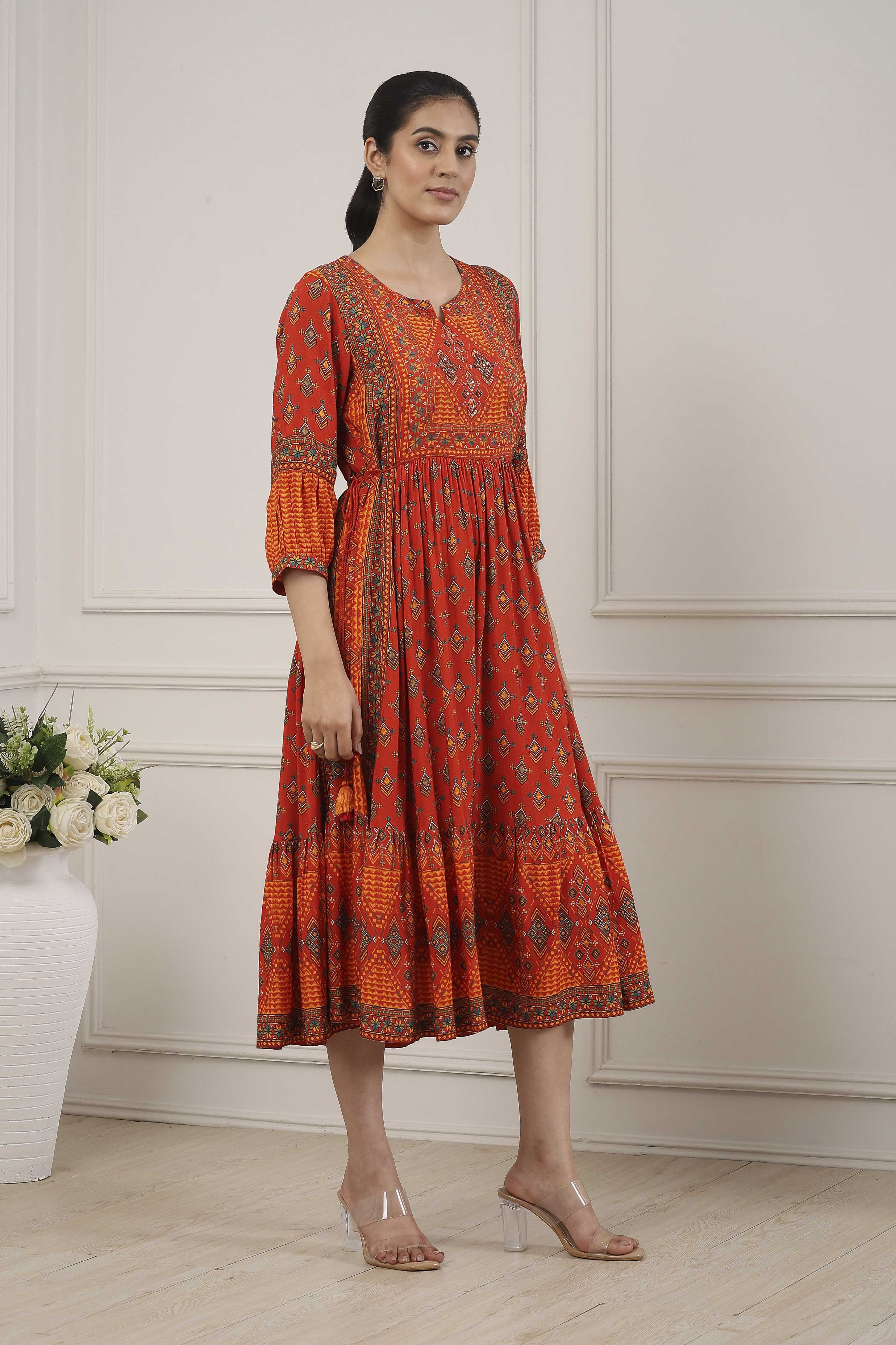 Indigo Ethnic Motifs Flared Midi Dress image number 4