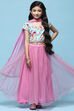 Blue Cotton Printed Blouse With Net Lehenga & Net Dupatta image number 0