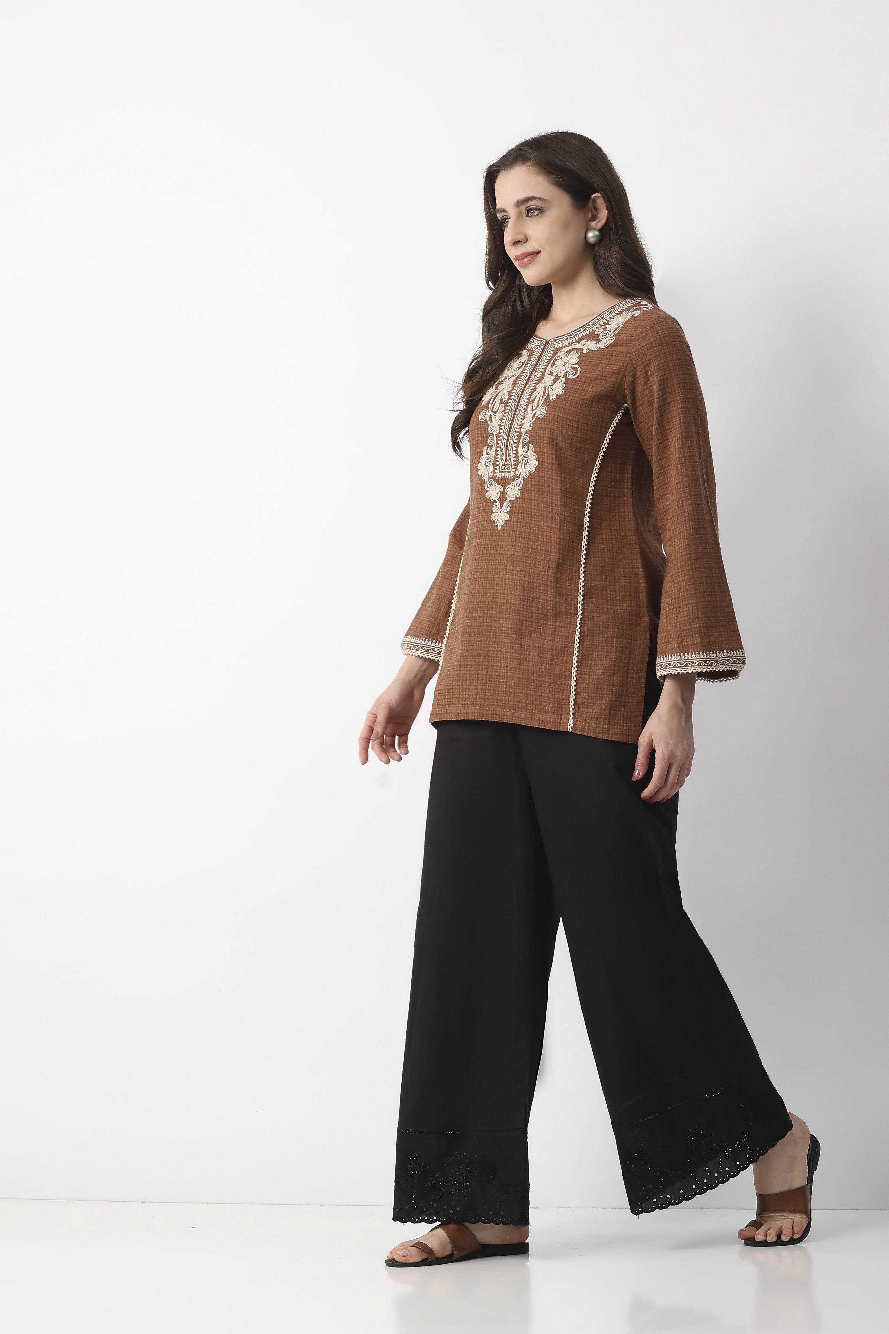 Black Cotton Lace Trim Flared Palazzo image number 0