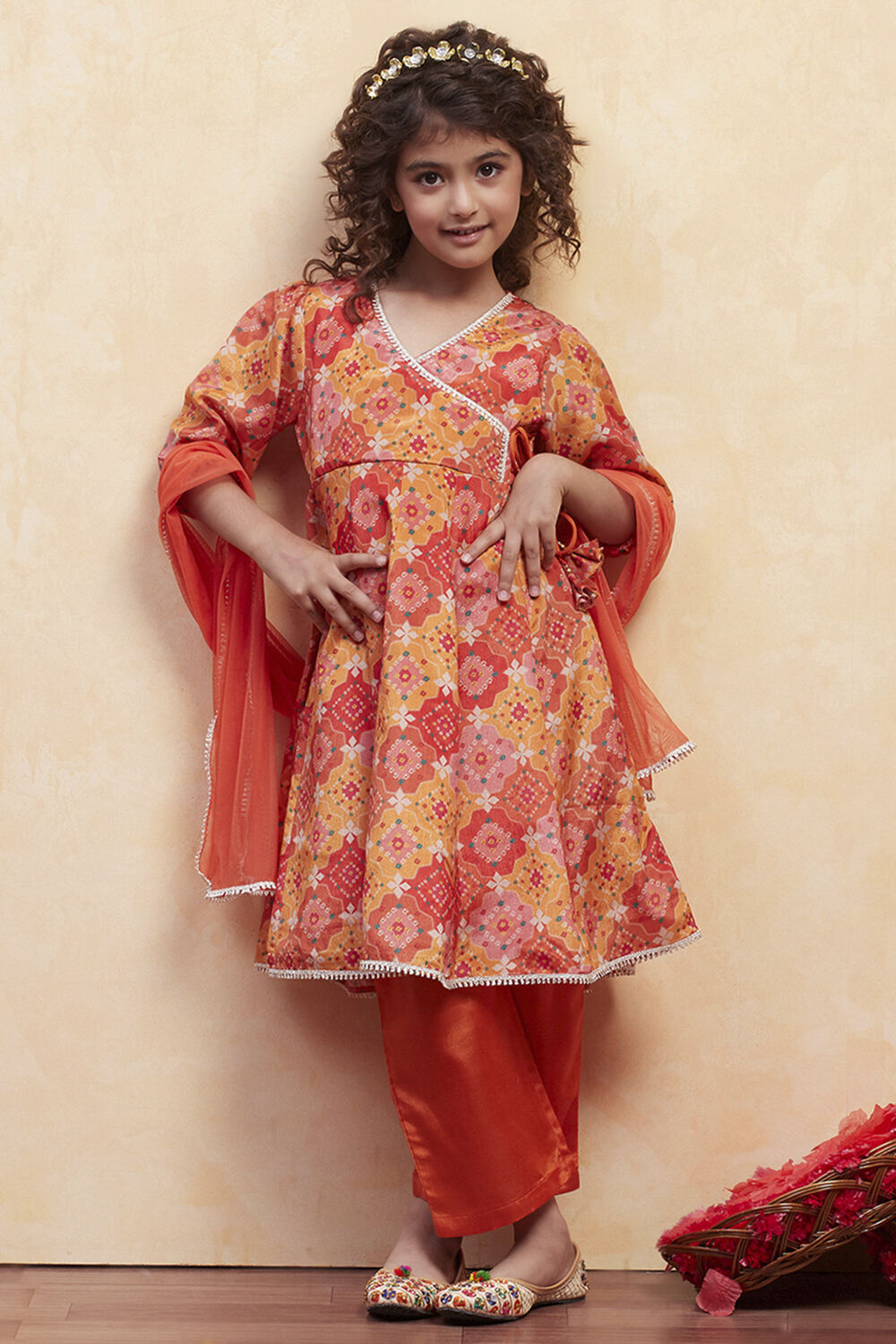 Orange Angrakha Printed Flared Suit Set image number 0