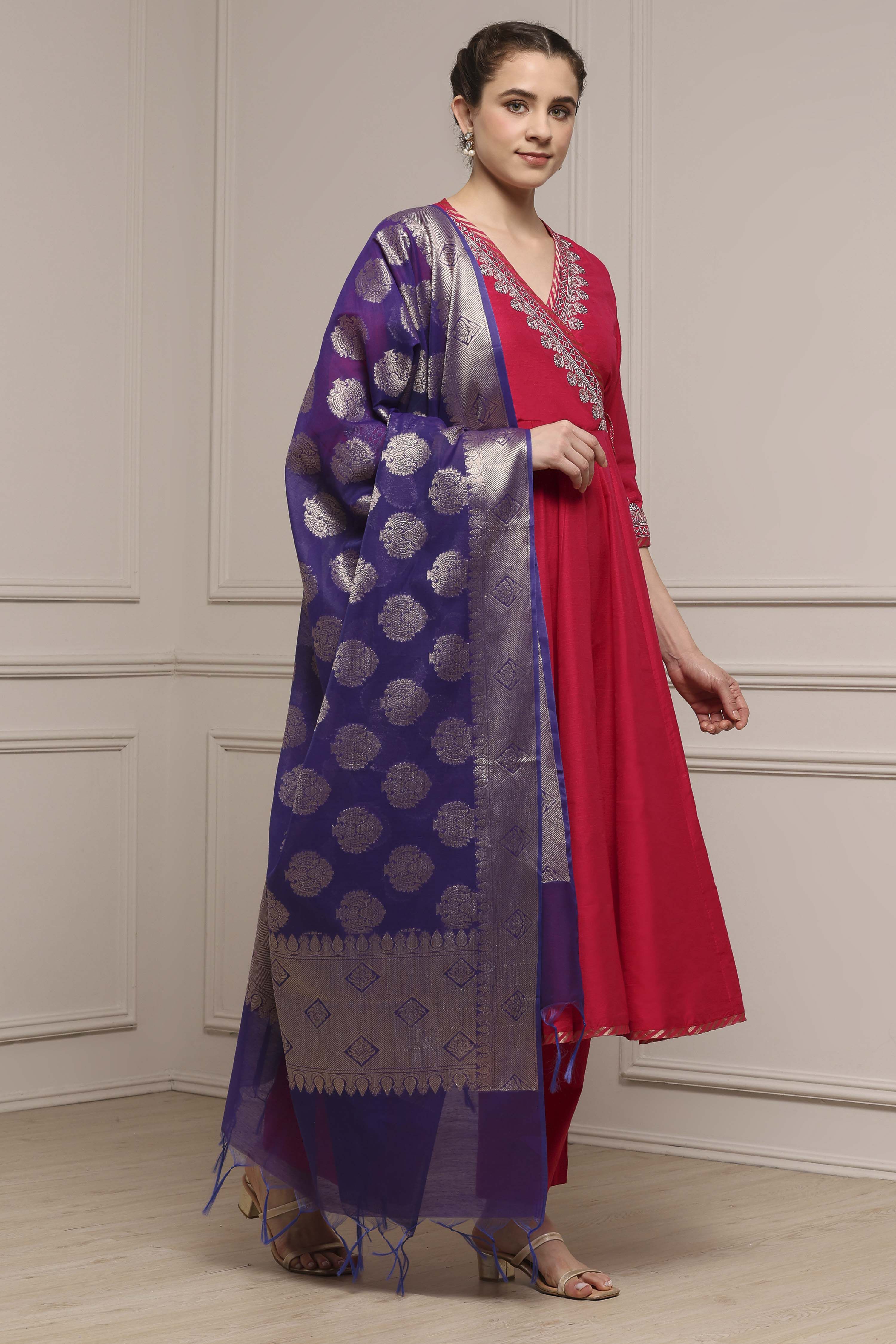 Fuchsia Embroidered Angrakha Festive Anarkali Suit Set image number 5