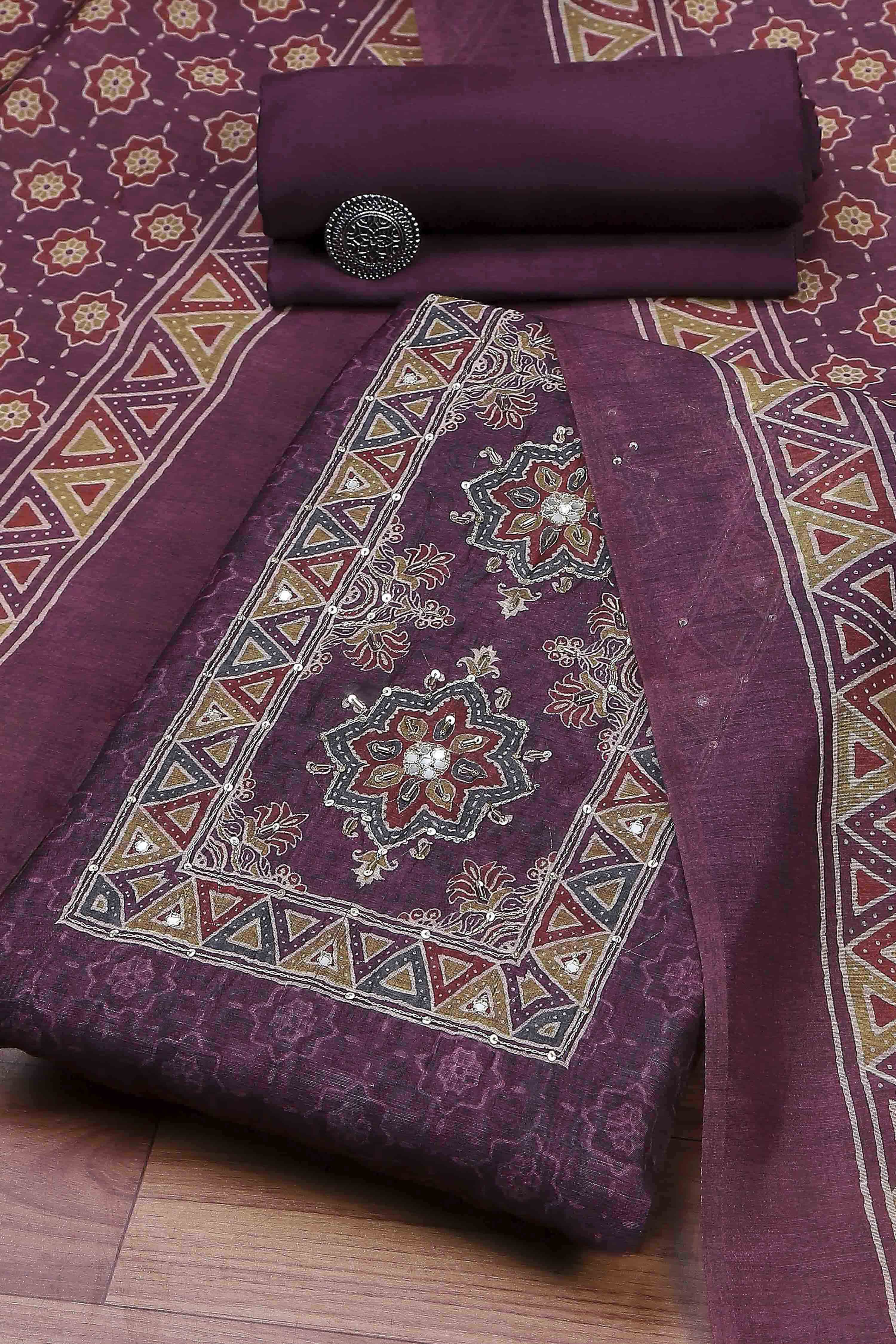 Wine Chanderi Rajasthani Print Unstitched Suit Set image number 0