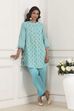 Turquoise Cotton Printed Kalidar Kurta Set image number 0