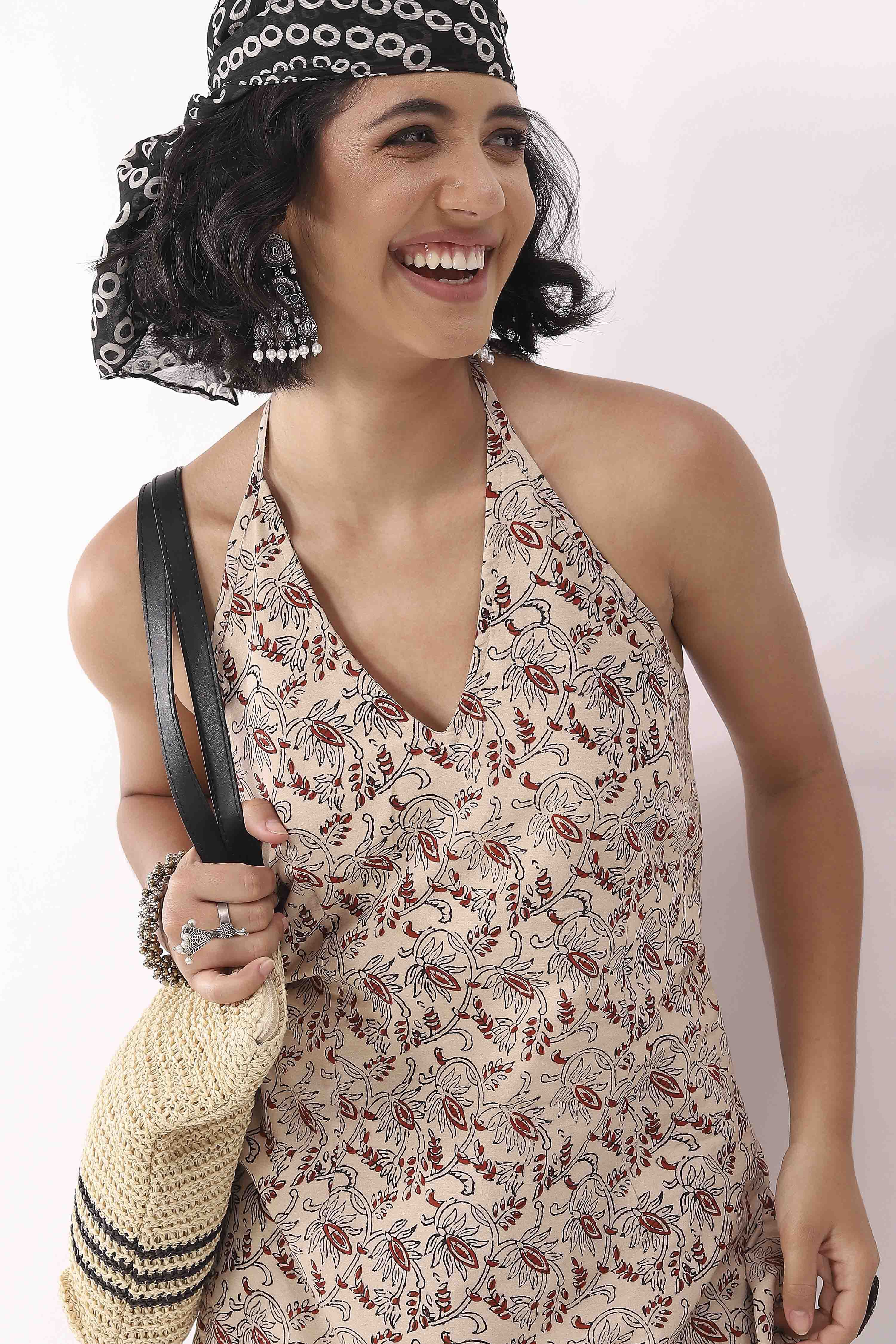 Beige Cotton All-Over Floral Tie-Up Back Kurti image number 1