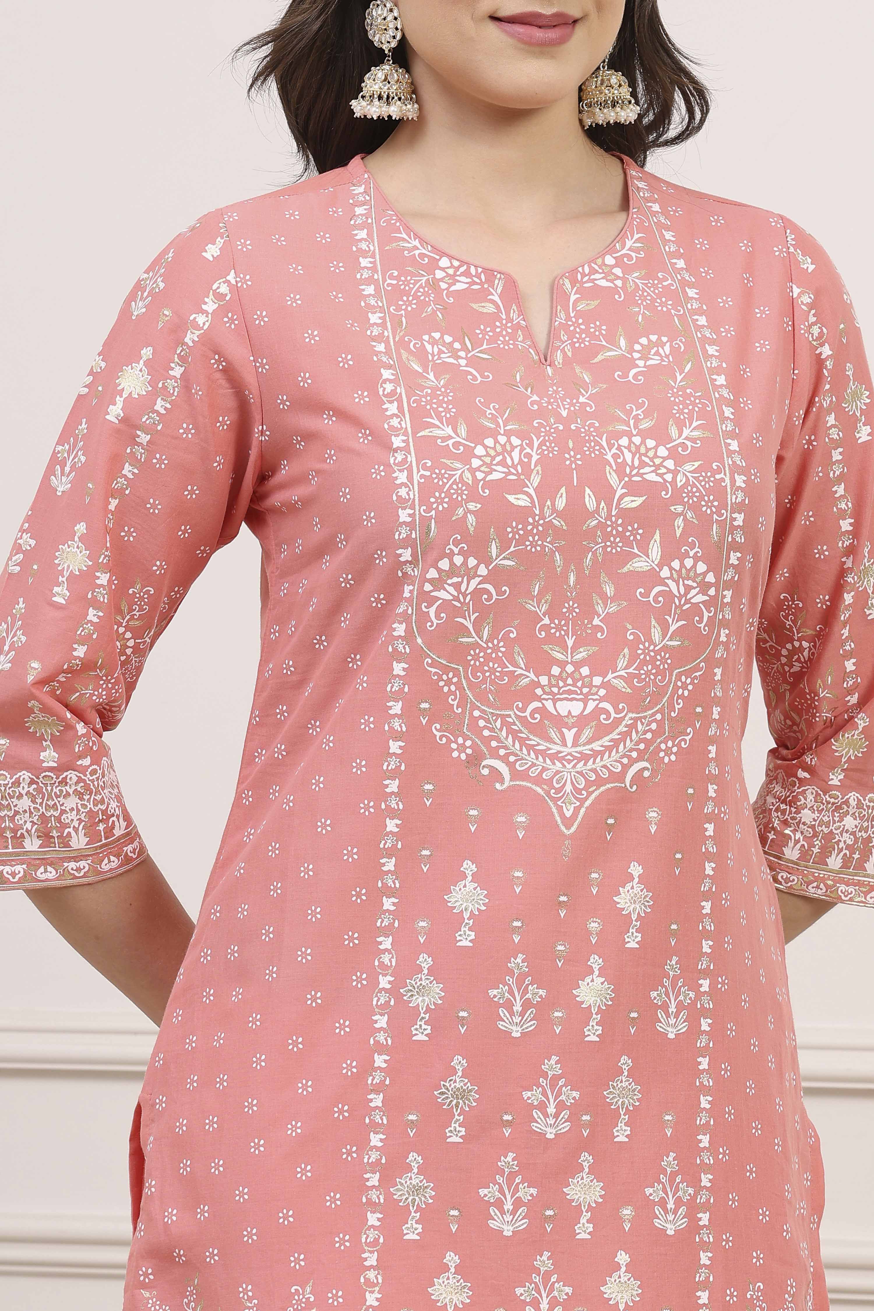 Light Coral Cotton Straight Kurta Pants Suit Set image number 1