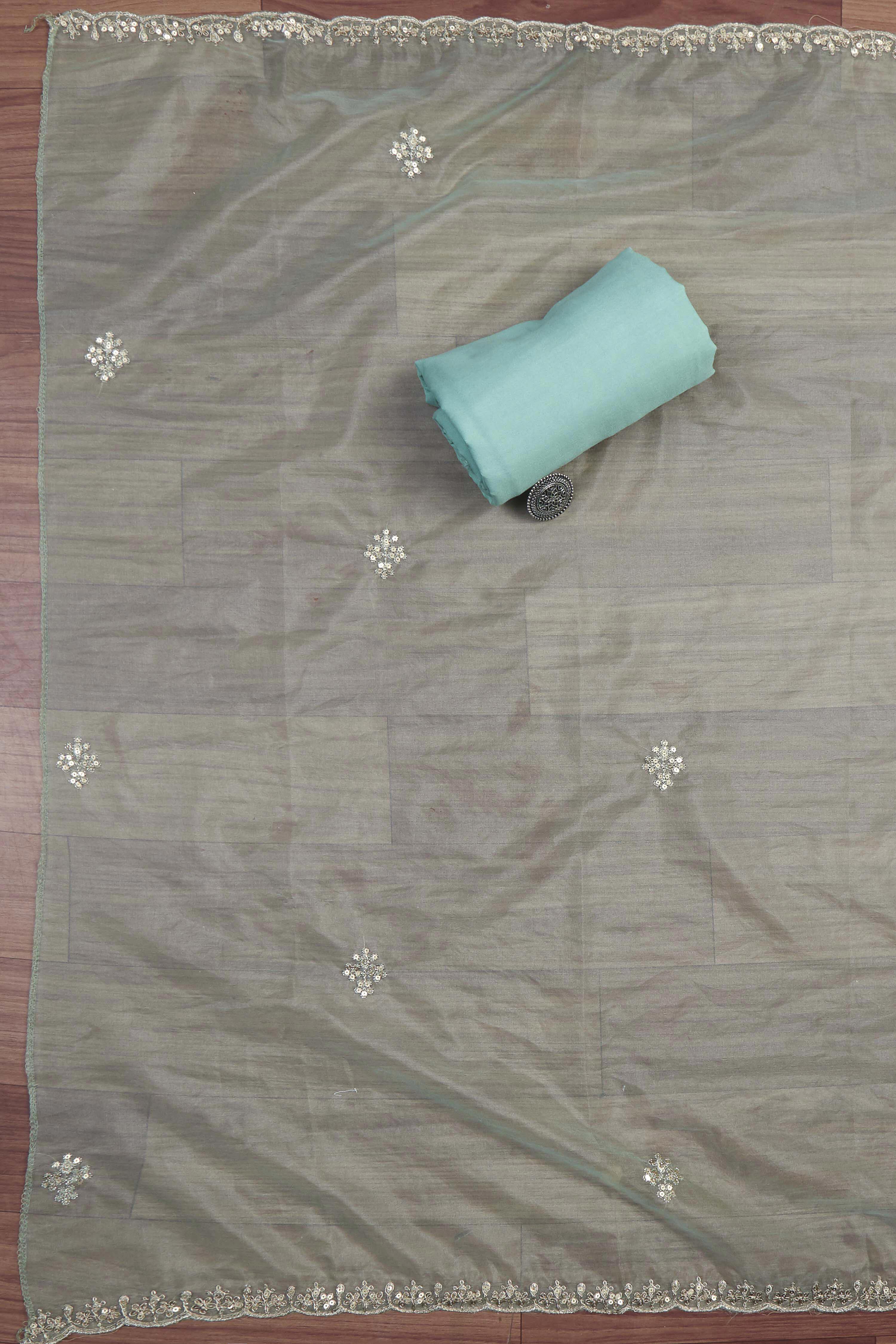 Old-Rose Organza Rajasthani Print Unstitched Suit Set image number 3