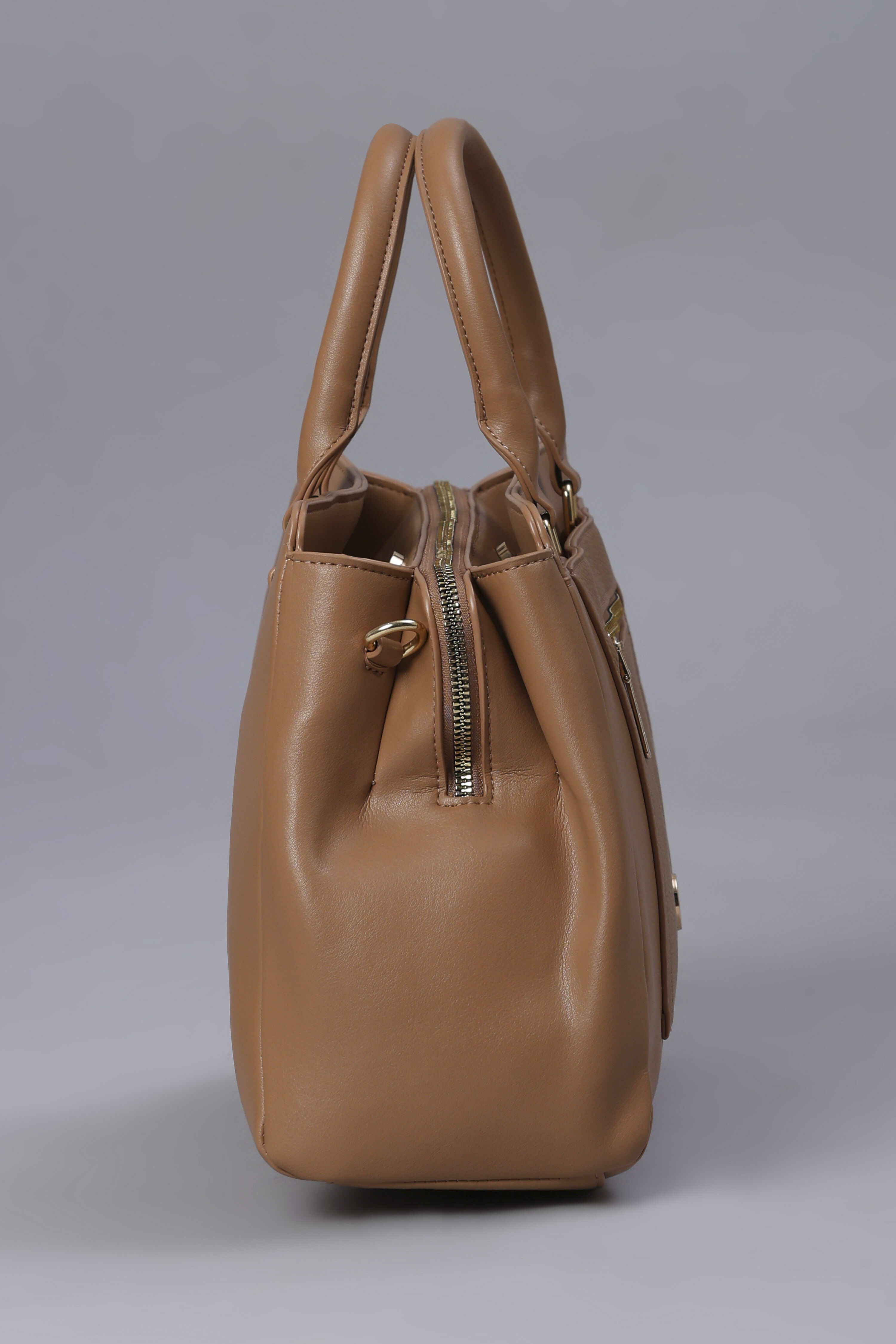 Brown PU Solid Structured Handheld Bag image number 4