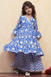 Navy Blue Cotton Angrakha Tiered Kurta Set