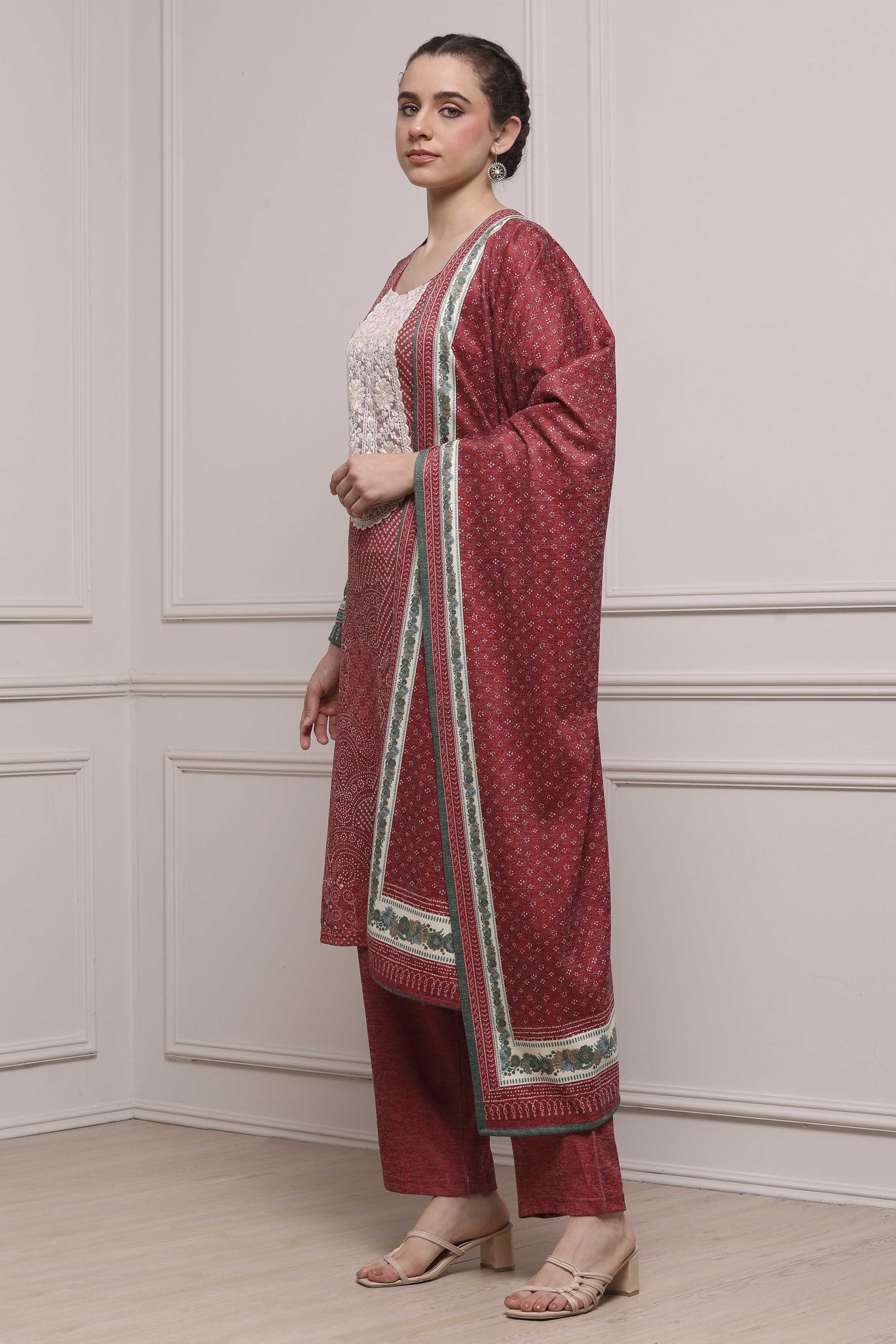 Red Printed Straight Winter Suit Set image number 3
