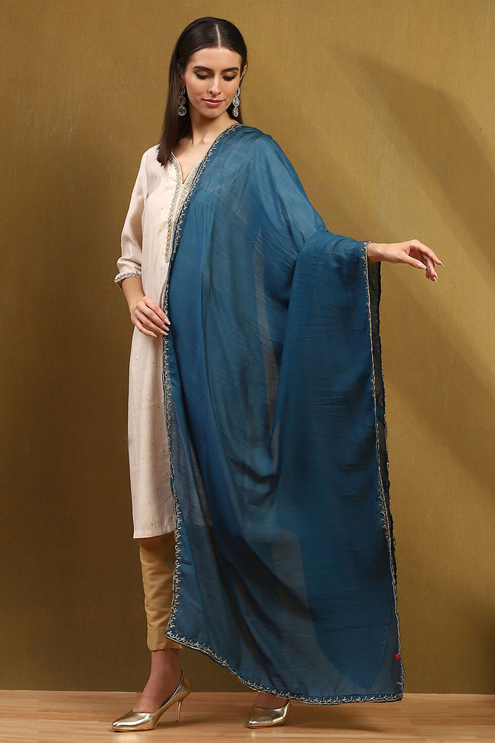 Peacock Blue Polyester Dupatta image number 2